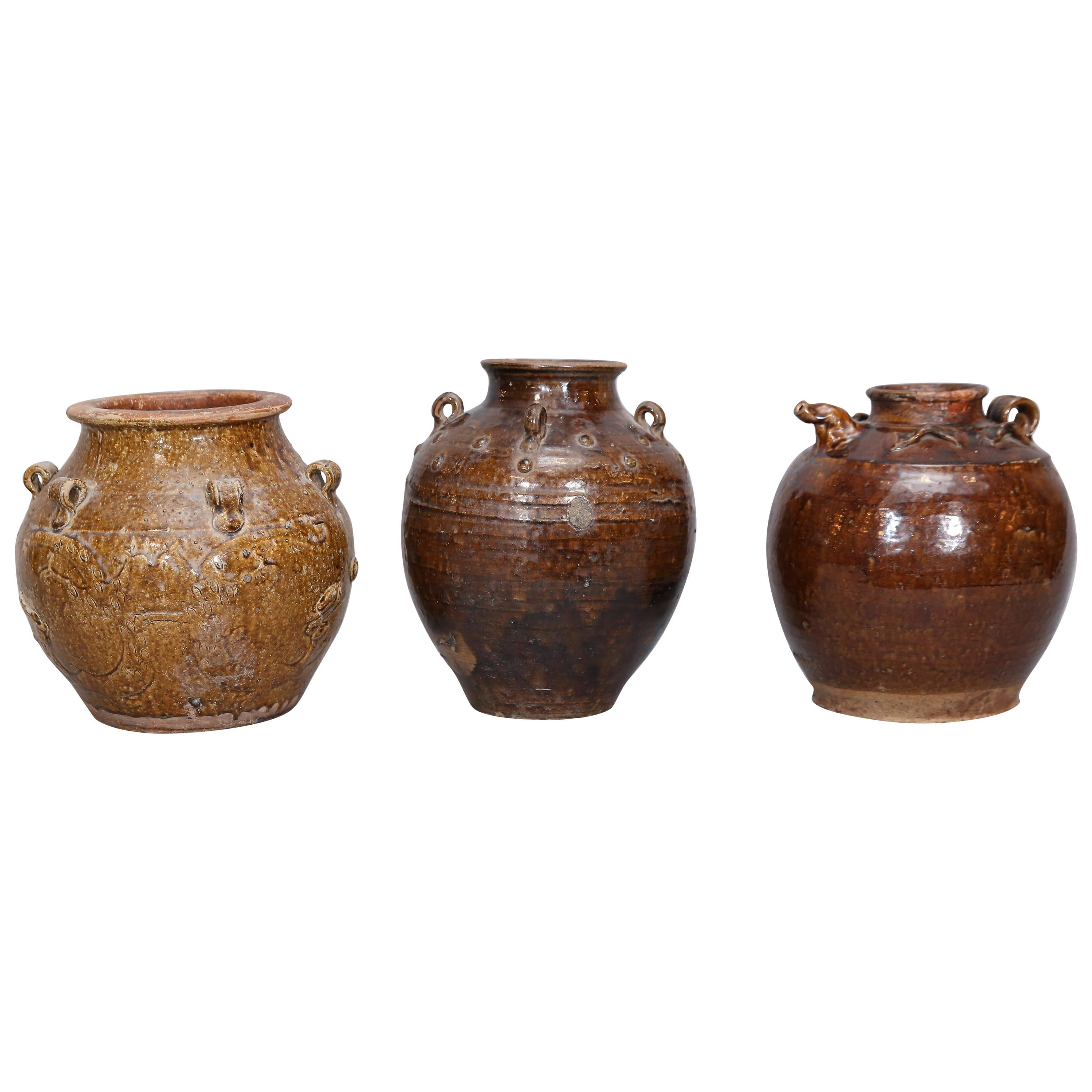 Three Martaban Stoneware Pots in Various Sizes and Designs For Sale