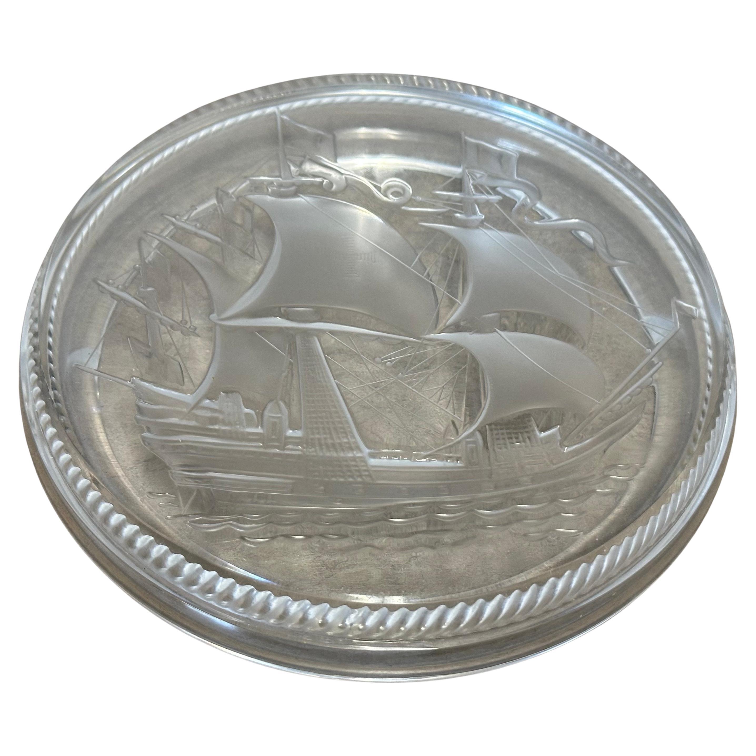 Art Deco Three Masted Santa Maria Sailboat Crystal Cigar Ashtray by Lalique, Signed For Sale
