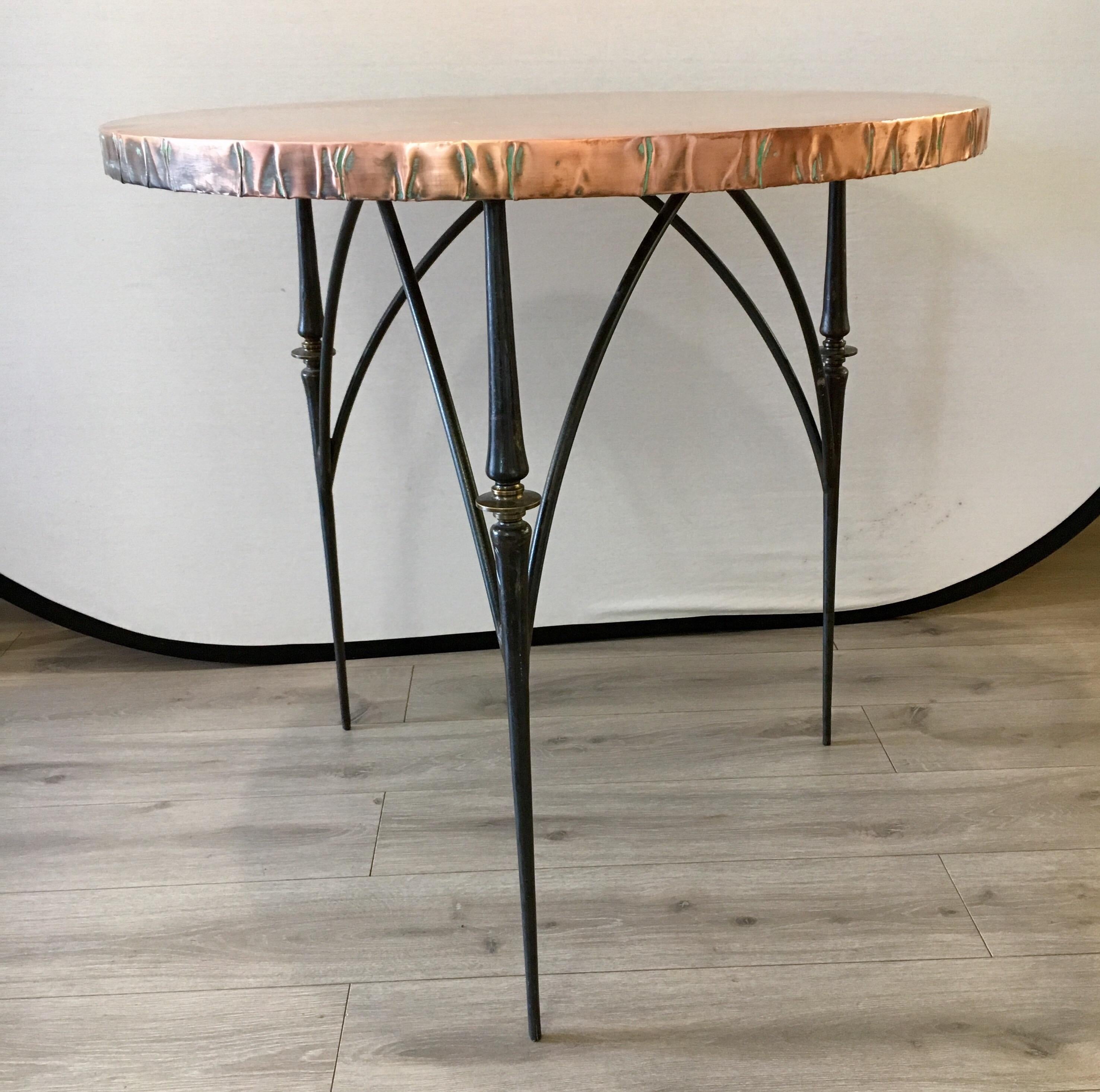 Three Matching Brutalist Sculptural Hammered Copper Centre Foyer Dining Tables 1
