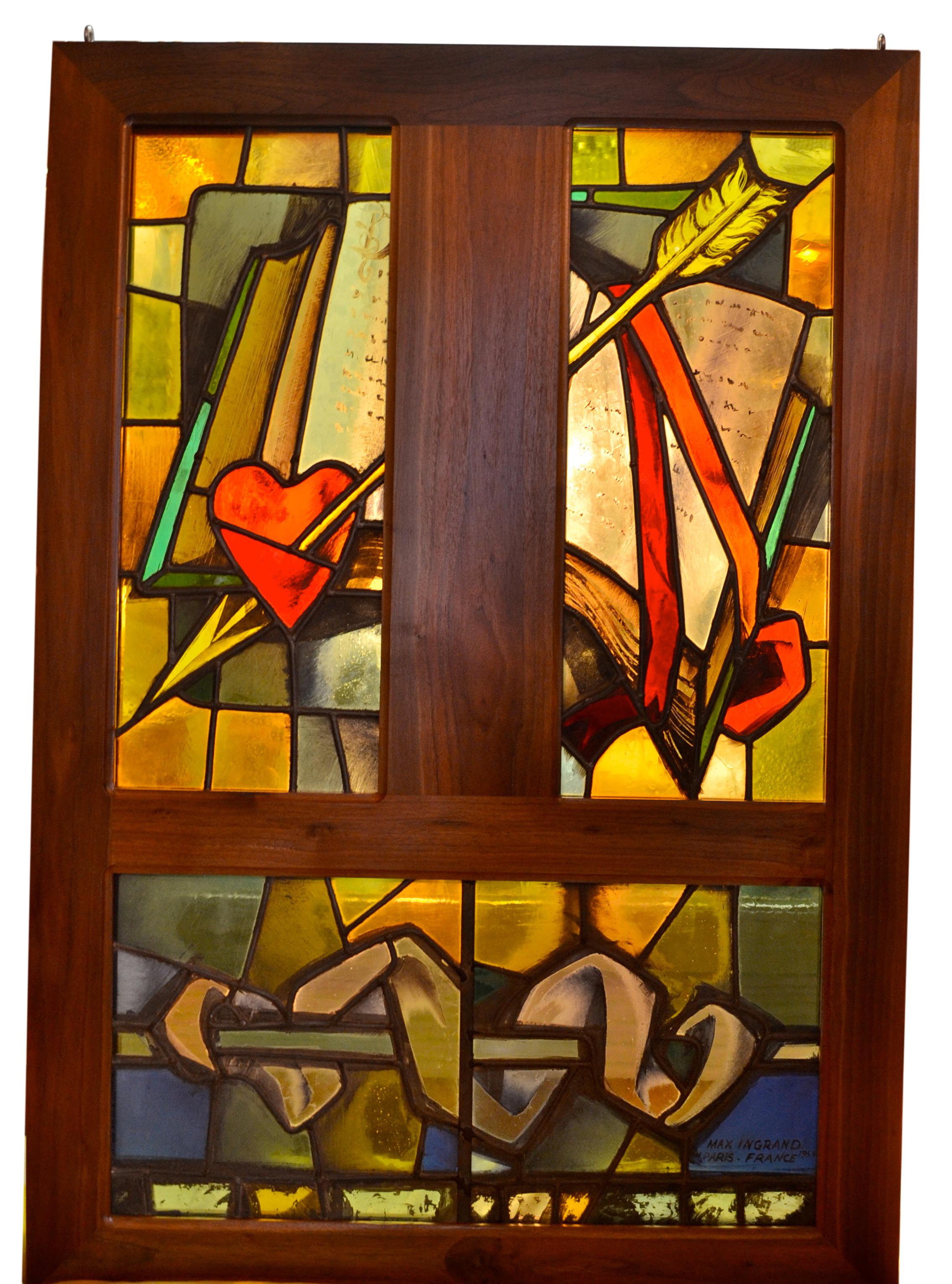 French Three Matching Mid-Century Modern '1955' Stained Glass Windows by Max Ingrand