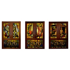 Three Matching Mid-Century Modern '1955' Stained Glass Windows by Max Ingrand