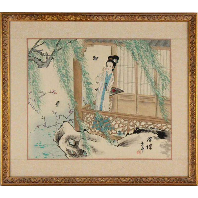 A set of three framed and matted Chinese silk paintings of women.  The focal point of each composition is a single woman or two women, adorned in a kimono, the fabric flowing with an ethereal quality that seems to transcend the limits of the silk