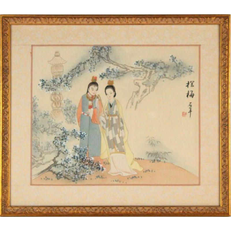 Three Matted and Framed Chinese Silk Paintings of Women In Good Condition For Sale In Locust Valley, NY