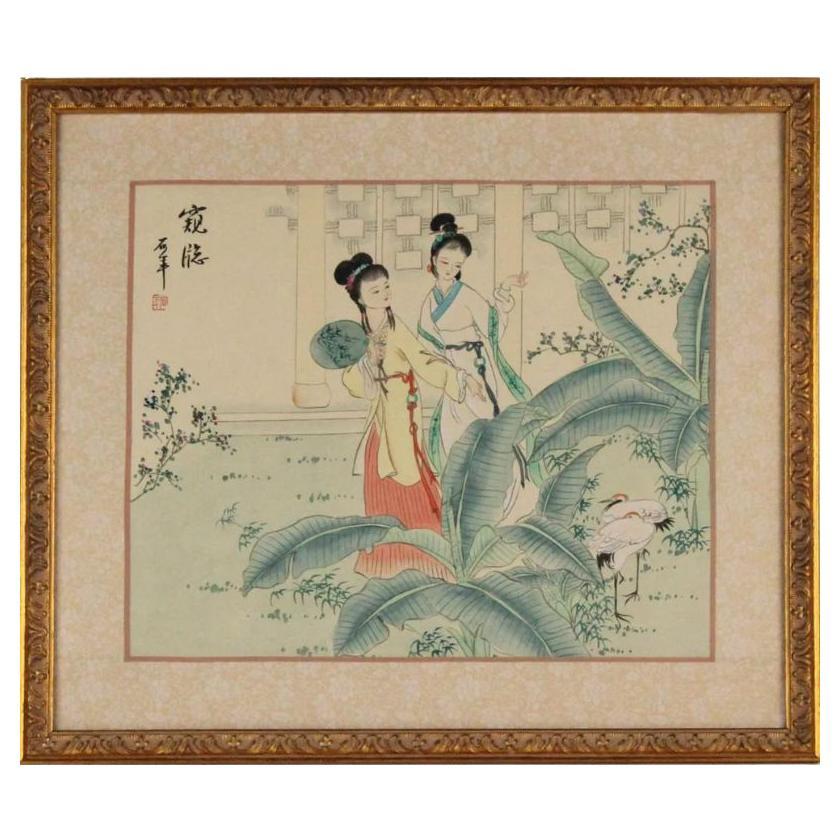 Three Matted and Framed Chinese Silk Paintings of Women For Sale