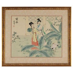 Vintage Three Matted and Framed Chinese Silk Paintings of Women
