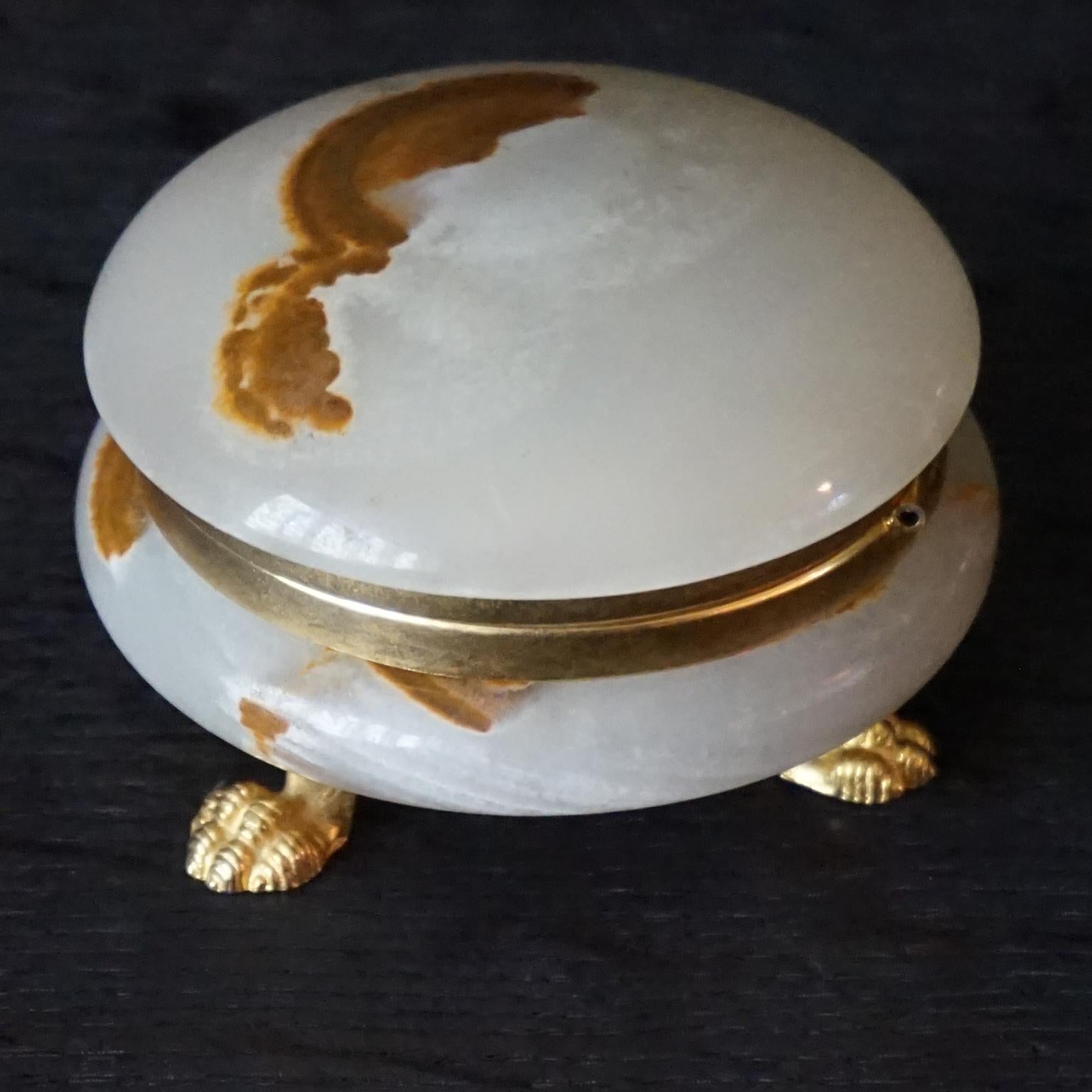 Three MCM Italian Alabaster and Brass Claw Dolphin Footed Lidded Jewelry Boxes For Sale 12