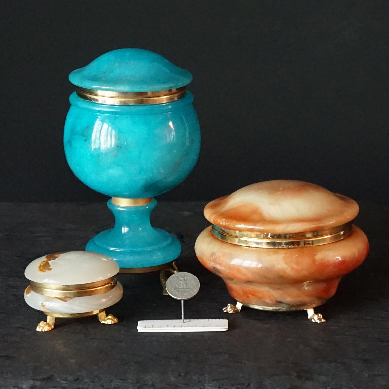 Mid-Century Modern Three MCM Italian Alabaster and Brass Claw Dolphin Footed Lidded Jewelry Boxes For Sale