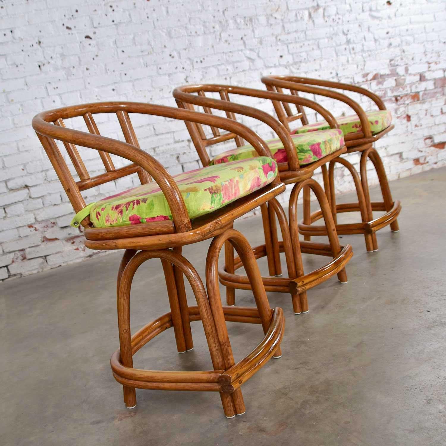 Three MCM Rattan Swivel Counter Height Bar Stools by Rattan Specialties, Inc In Good Condition In Topeka, KS