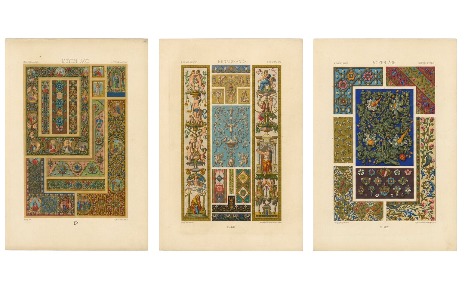 Three Medieval & Renaissance Ornament Plates by Albert Racinet, 1873