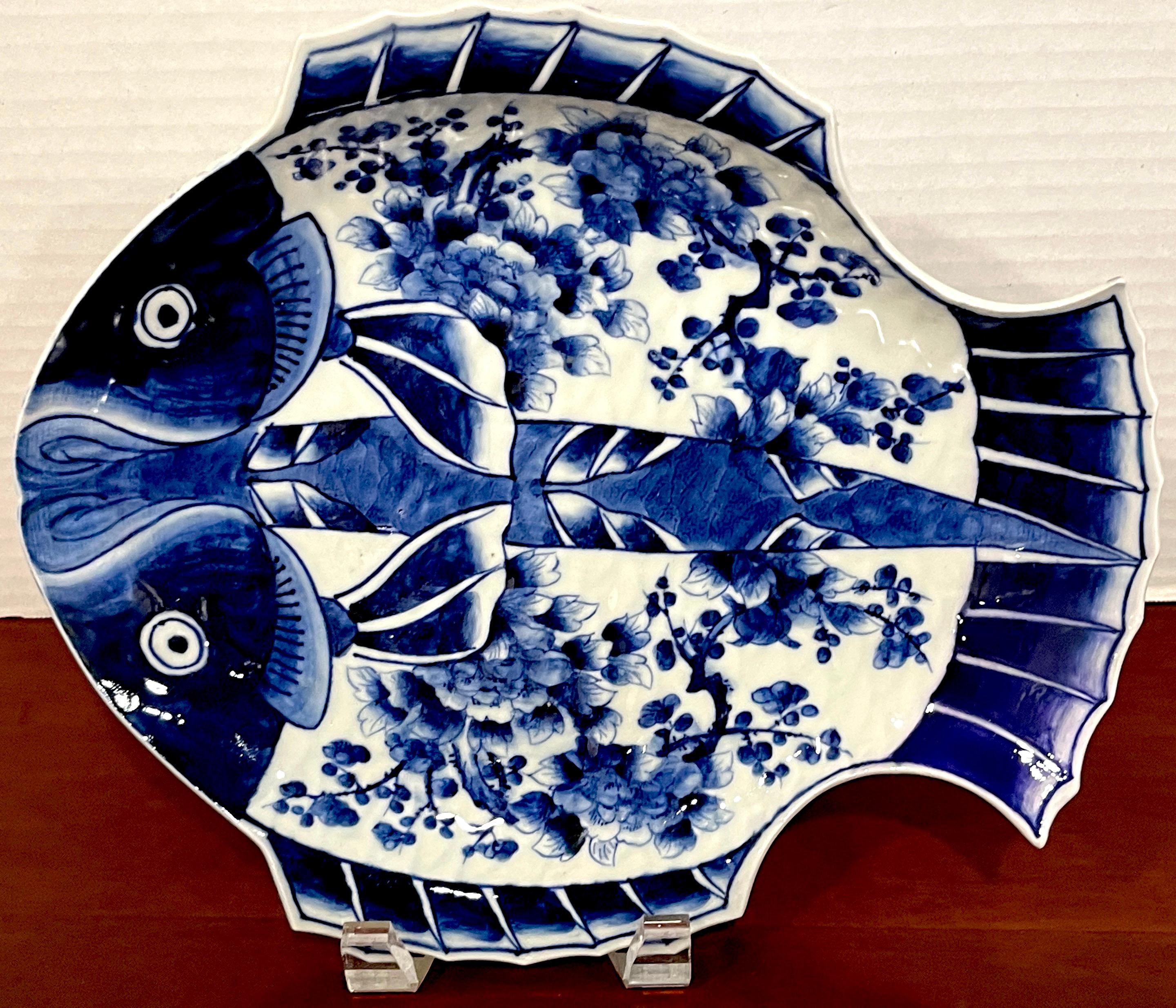 Japanese Three Meiji Period Fukagawa Blue & White Fish Plates