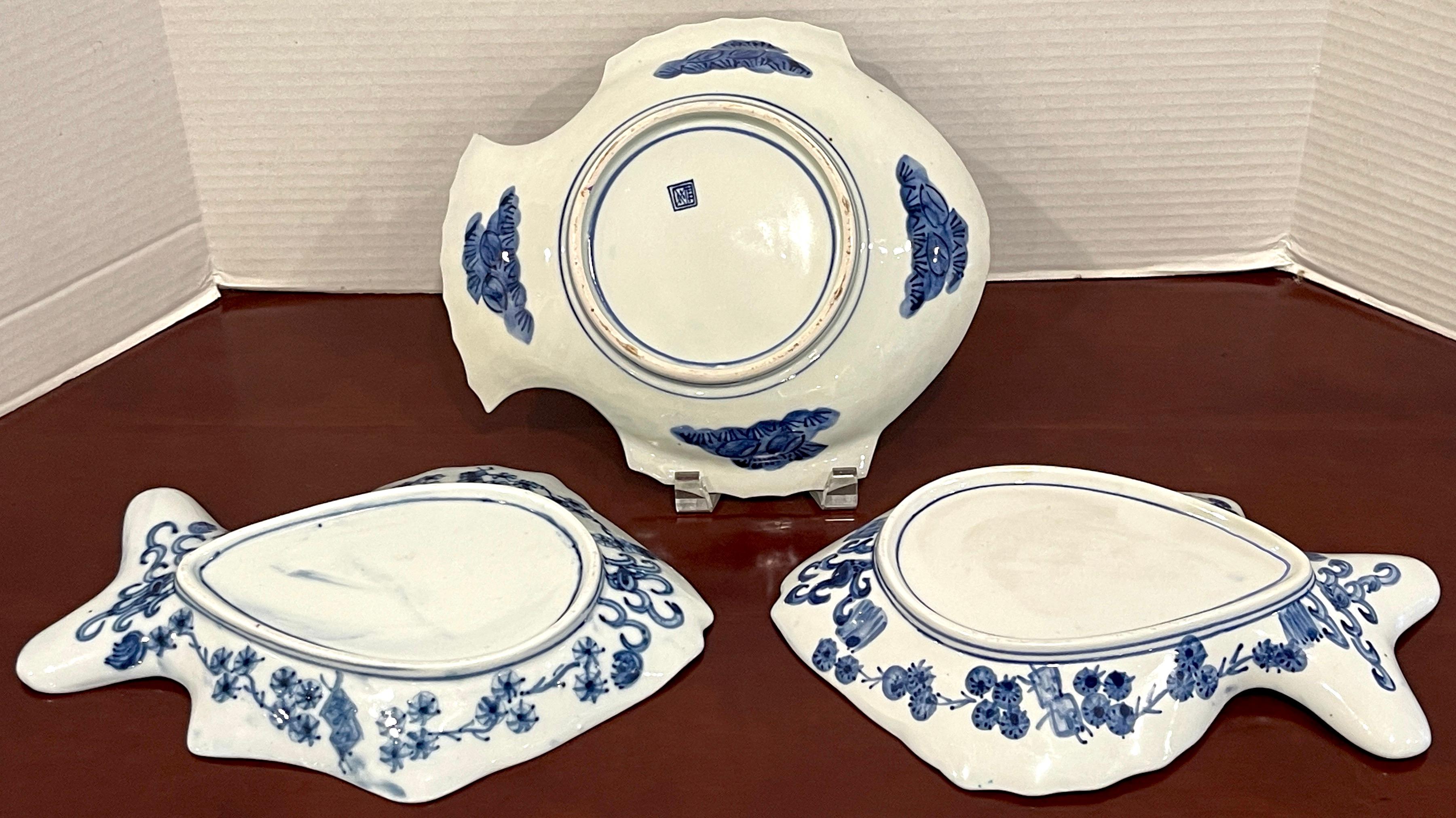 20th Century Three Meiji Period Fukagawa Blue & White Fish Plates