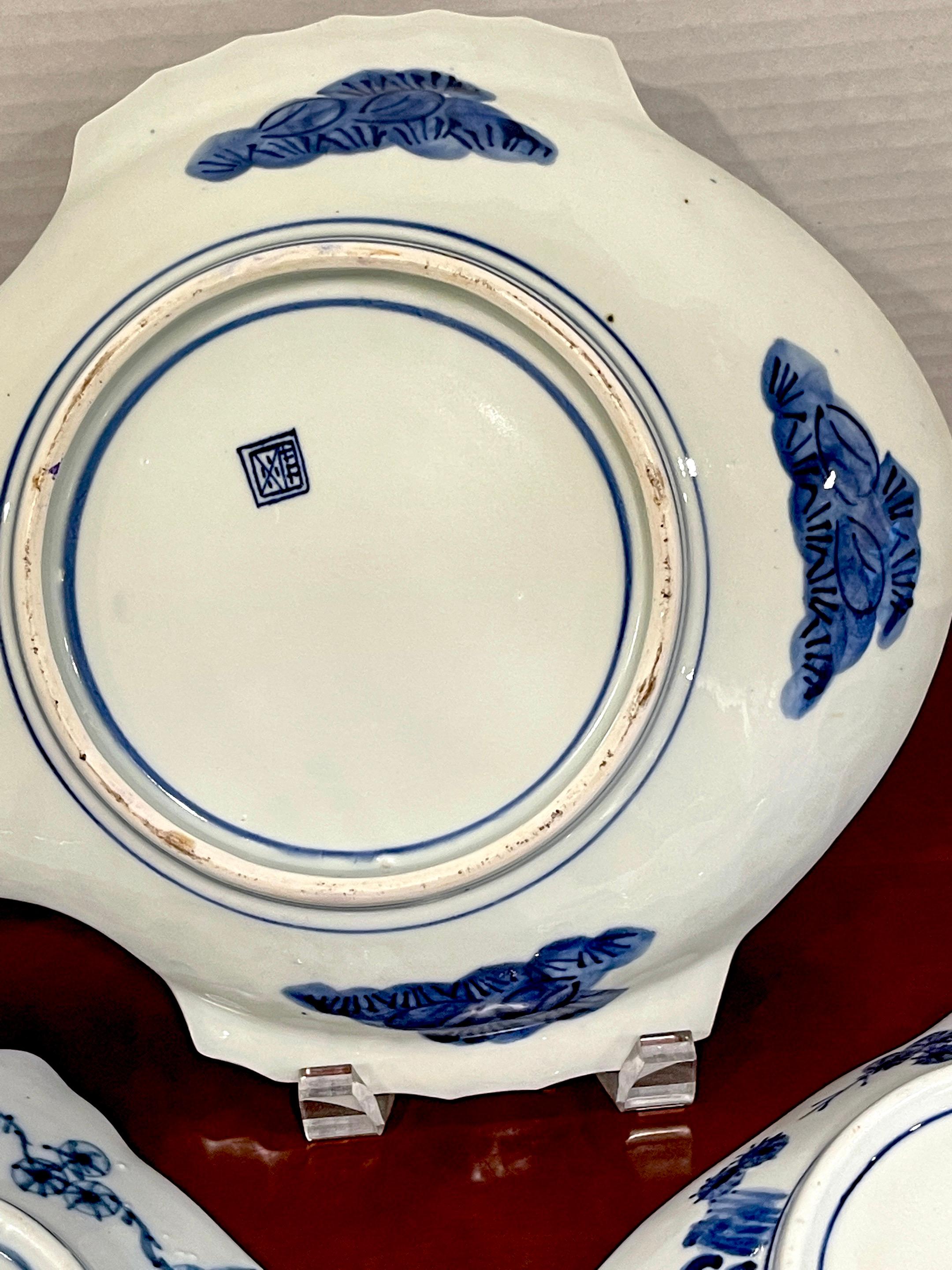 Porcelain Three Meiji Period Fukagawa Blue & White Fish Plates