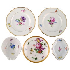 Three Meissen Bowls and Two Plates in Hand Painted Porcelain