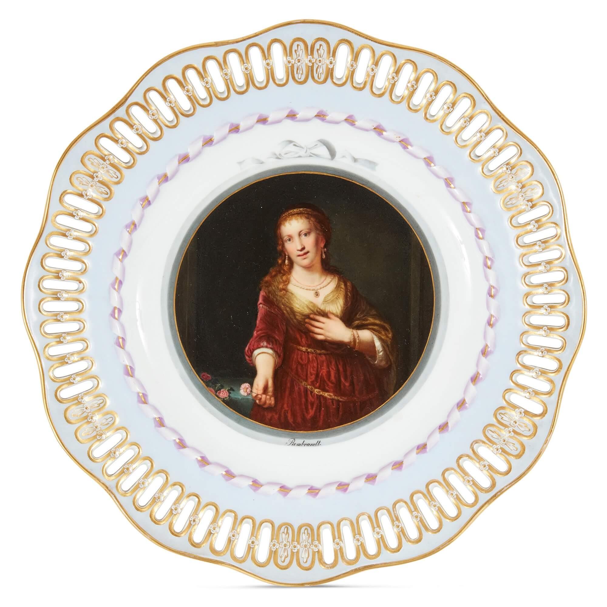 Three Meissen porcelain plates showing Old Master paintings
German, c. 1880
Height 3.5cm, diameter 24cm

Created by the renowned German porcelain manufactory Meissen in the late 19th century, this set of porcelain plates combines the legacy of Old