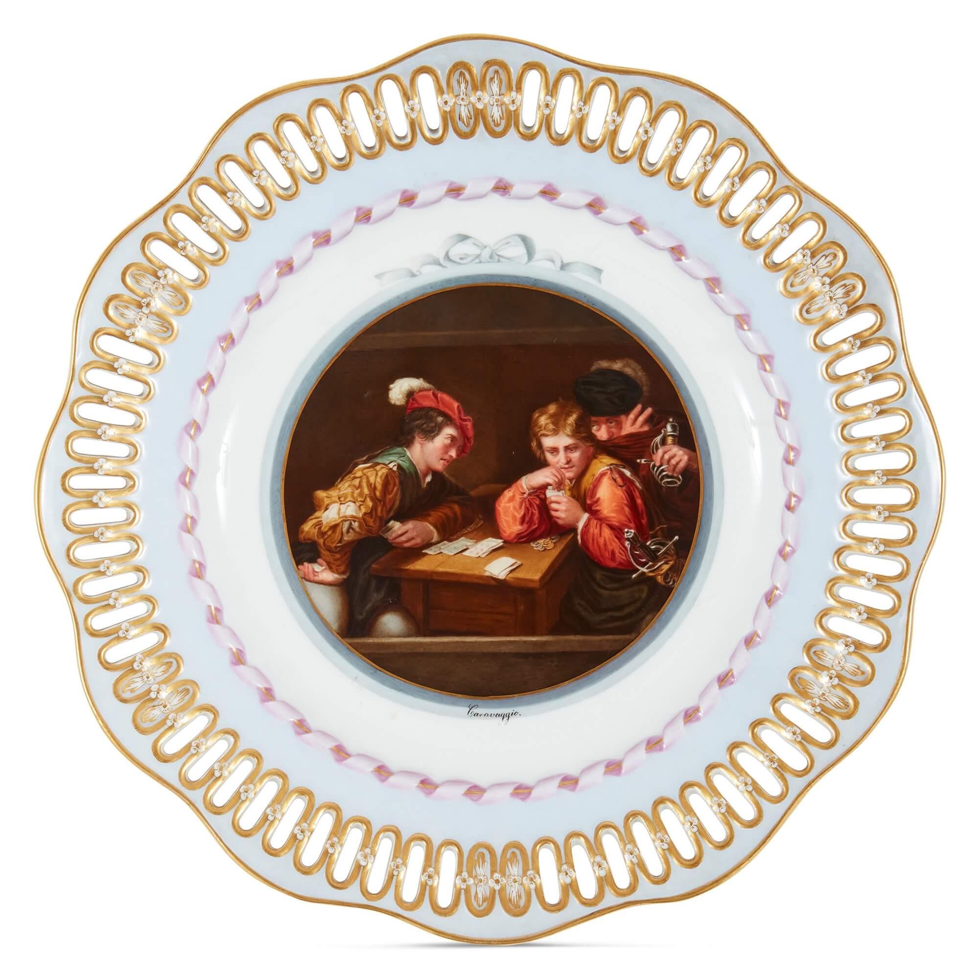 German Three Meissen Porcelain Plates Showing Old Master Paintings For Sale