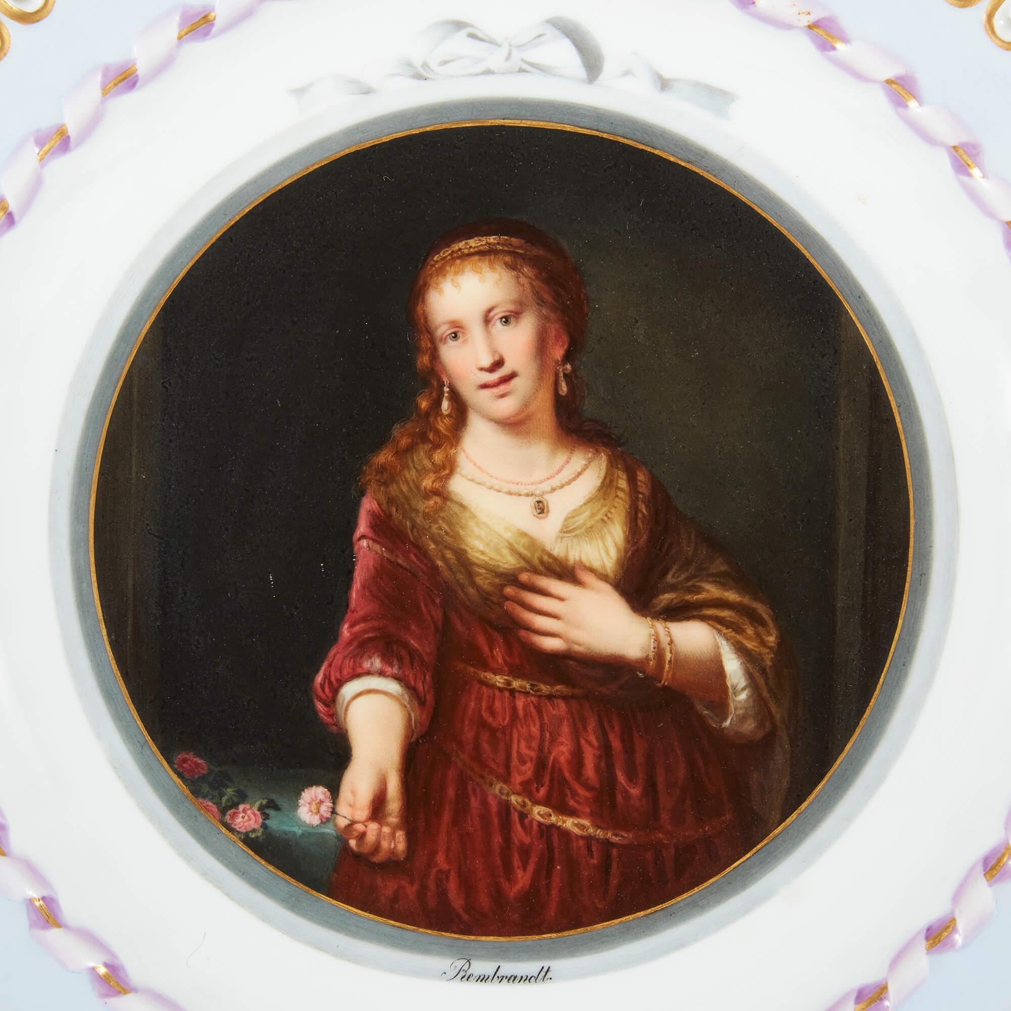Gilt Three Meissen Porcelain Plates Showing Old Master Paintings For Sale
