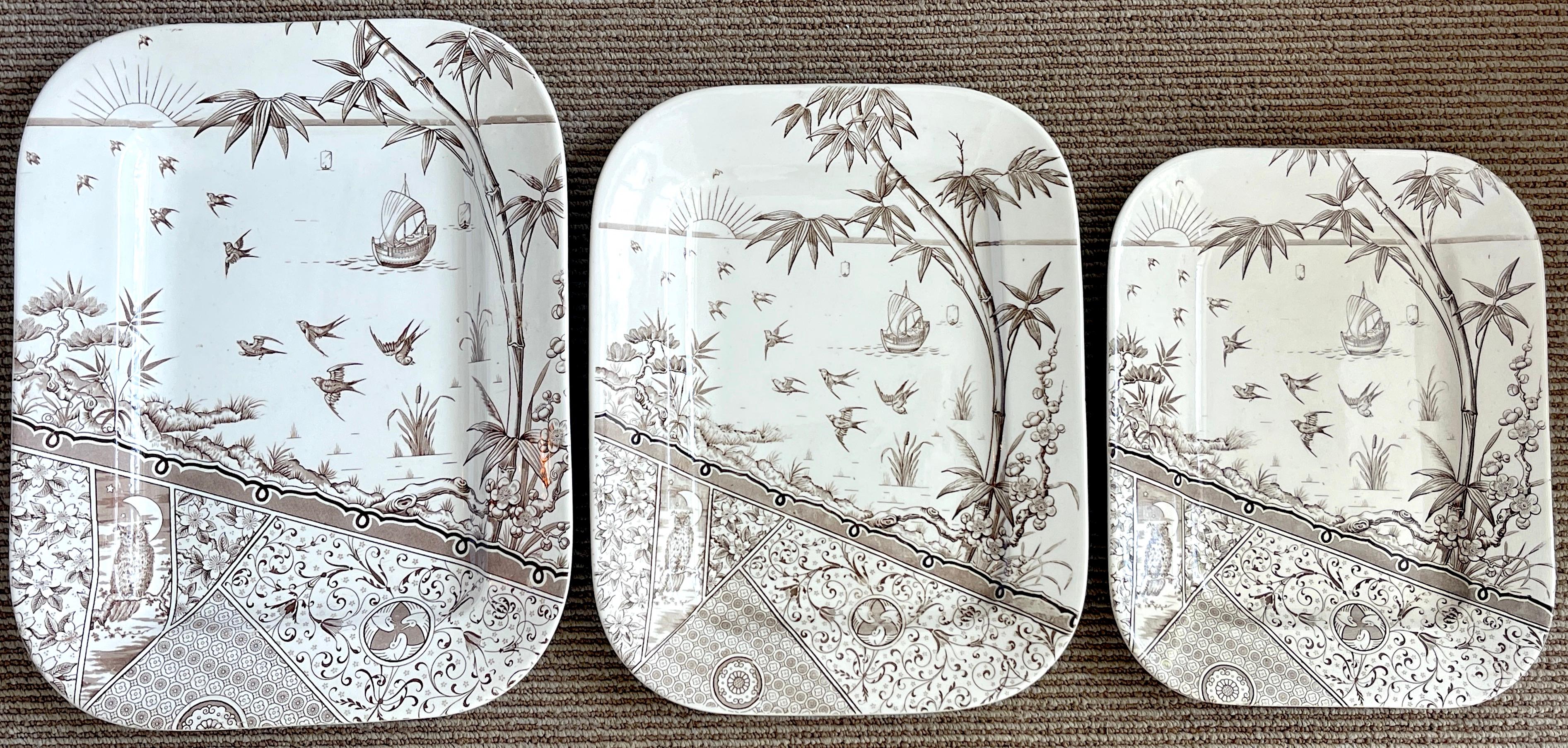 Three 'Melbourne' graduating Aesthetic Movement brown & white ironstone platters, by
Gildea & Walker. A rare and early set of three fully marked and nicely graduated platters.
Largest platter 14