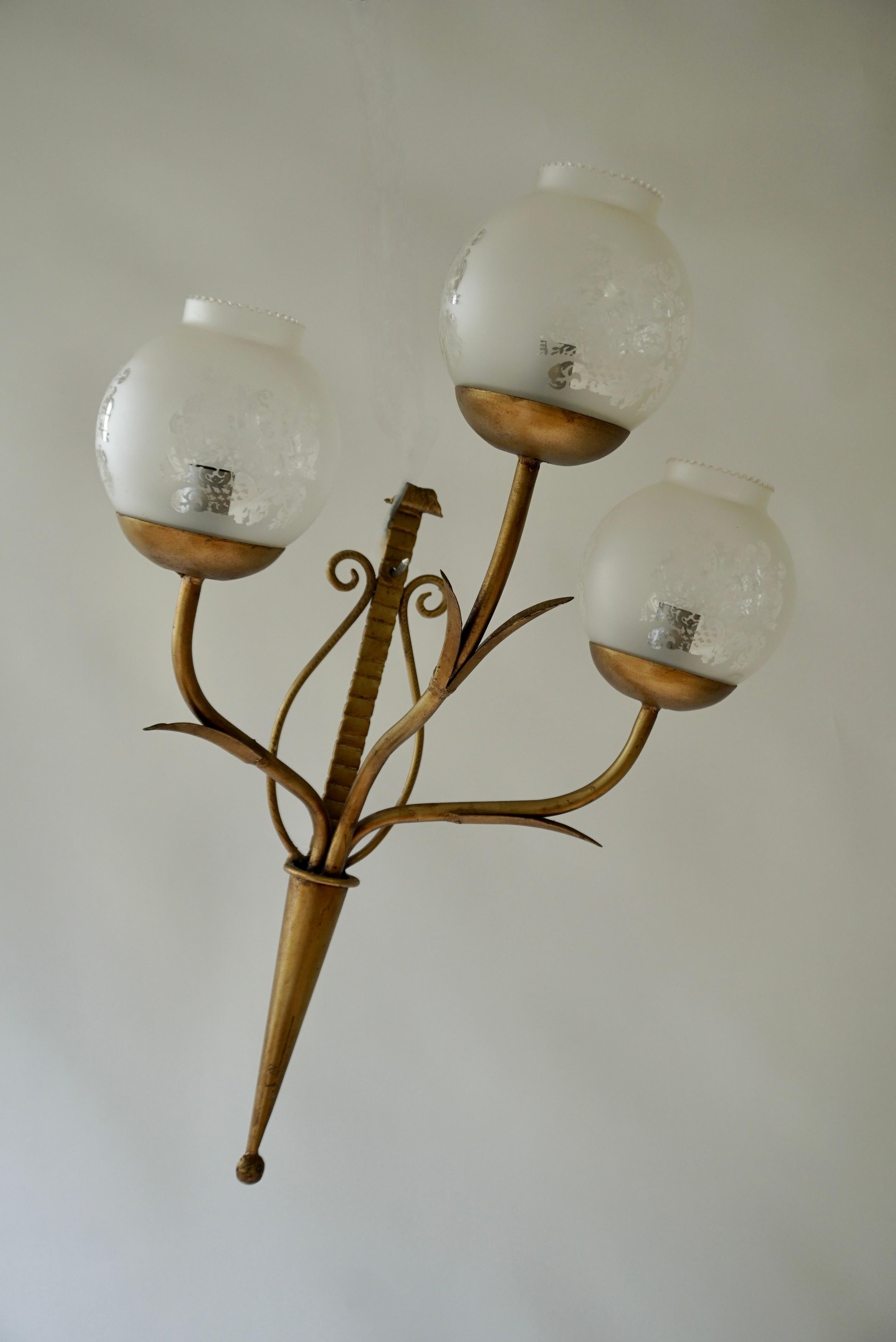 Three Metal Gilded Wall Lamps with Glass Shades For Sale 3