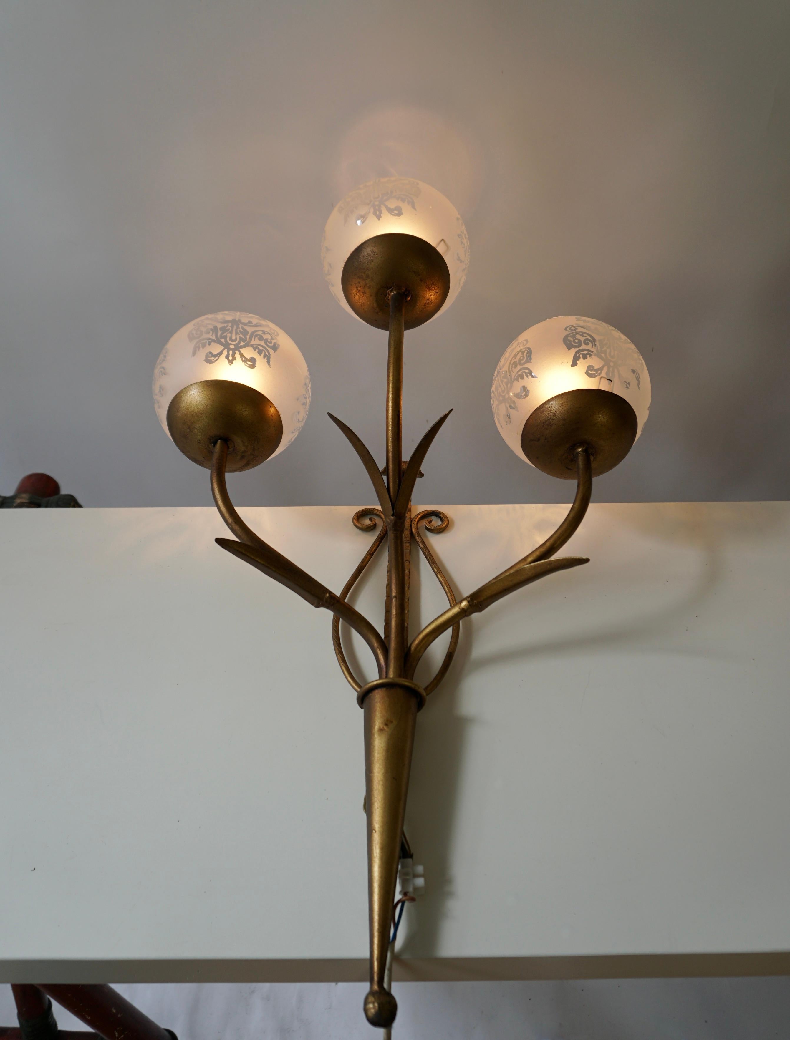 Three Metal Gilded Wall Lamps with Glass Shades For Sale 6