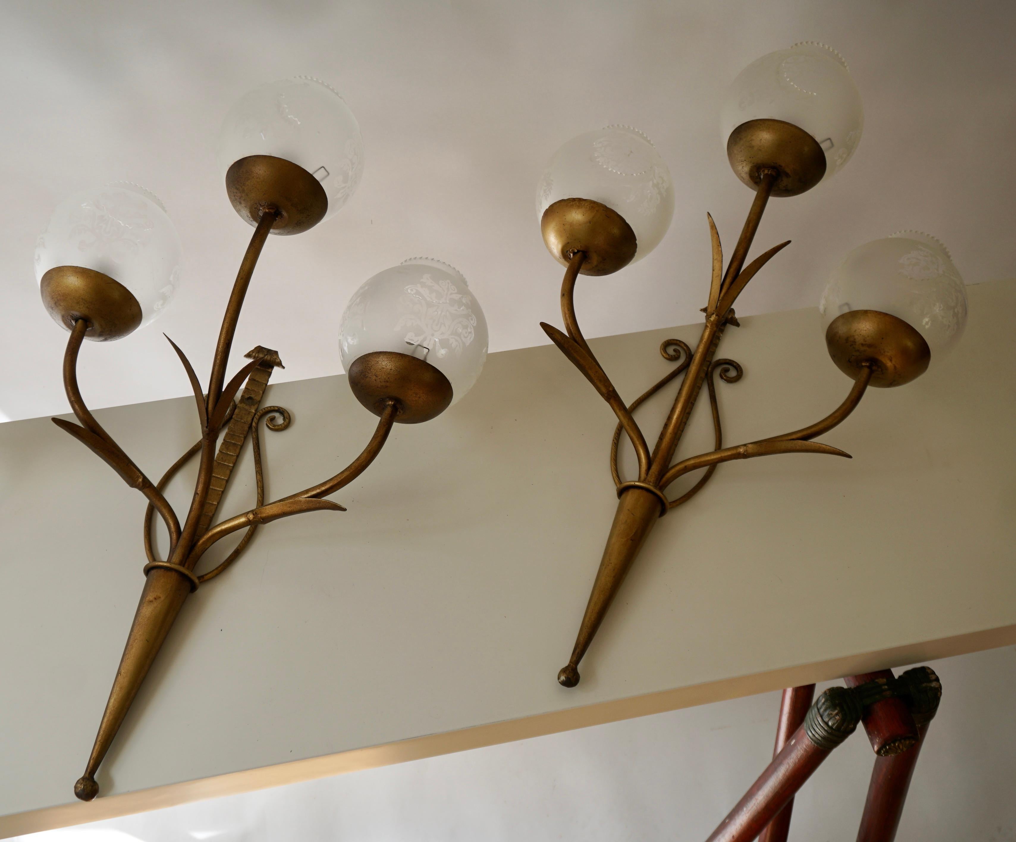Italian Three Metal Gilded Wall Lamps with Glass Shades For Sale