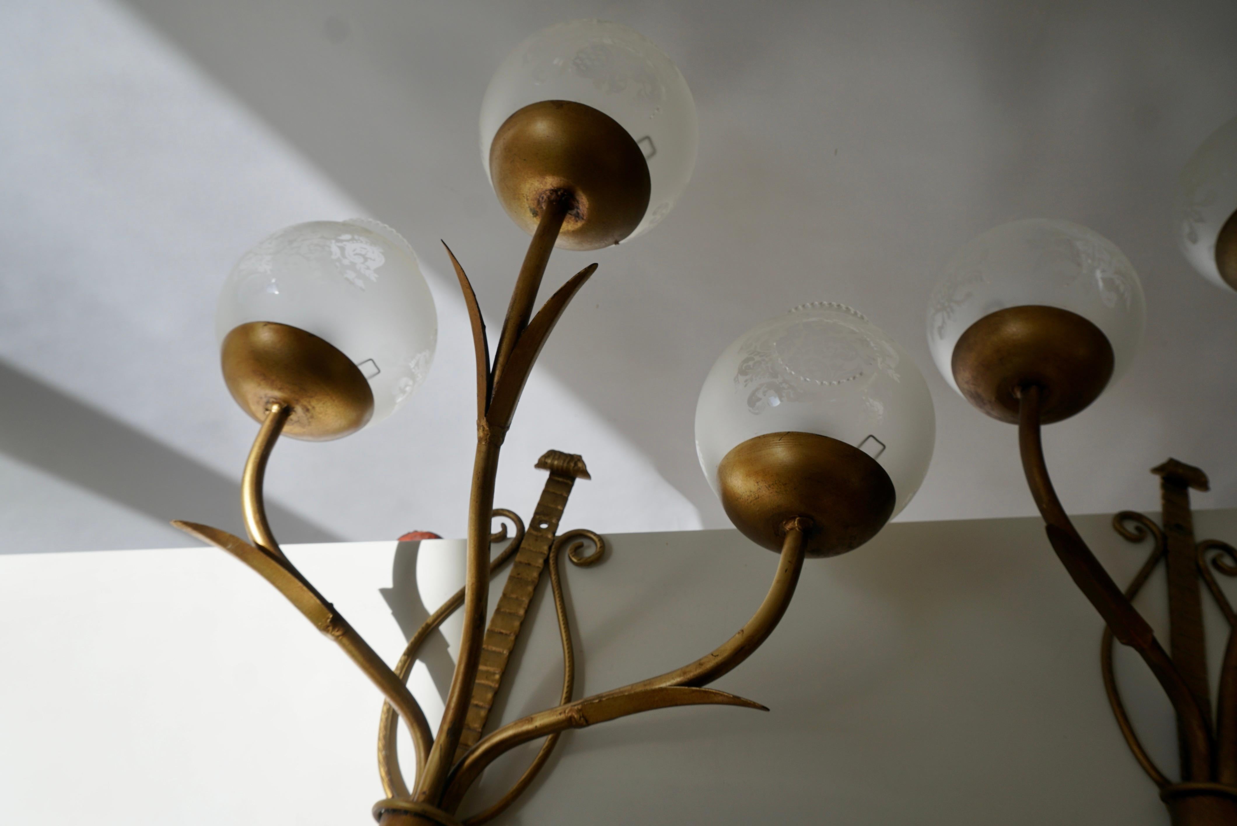 Three Metal Gilded Wall Lamps with Glass Shades In Good Condition For Sale In Antwerp, BE