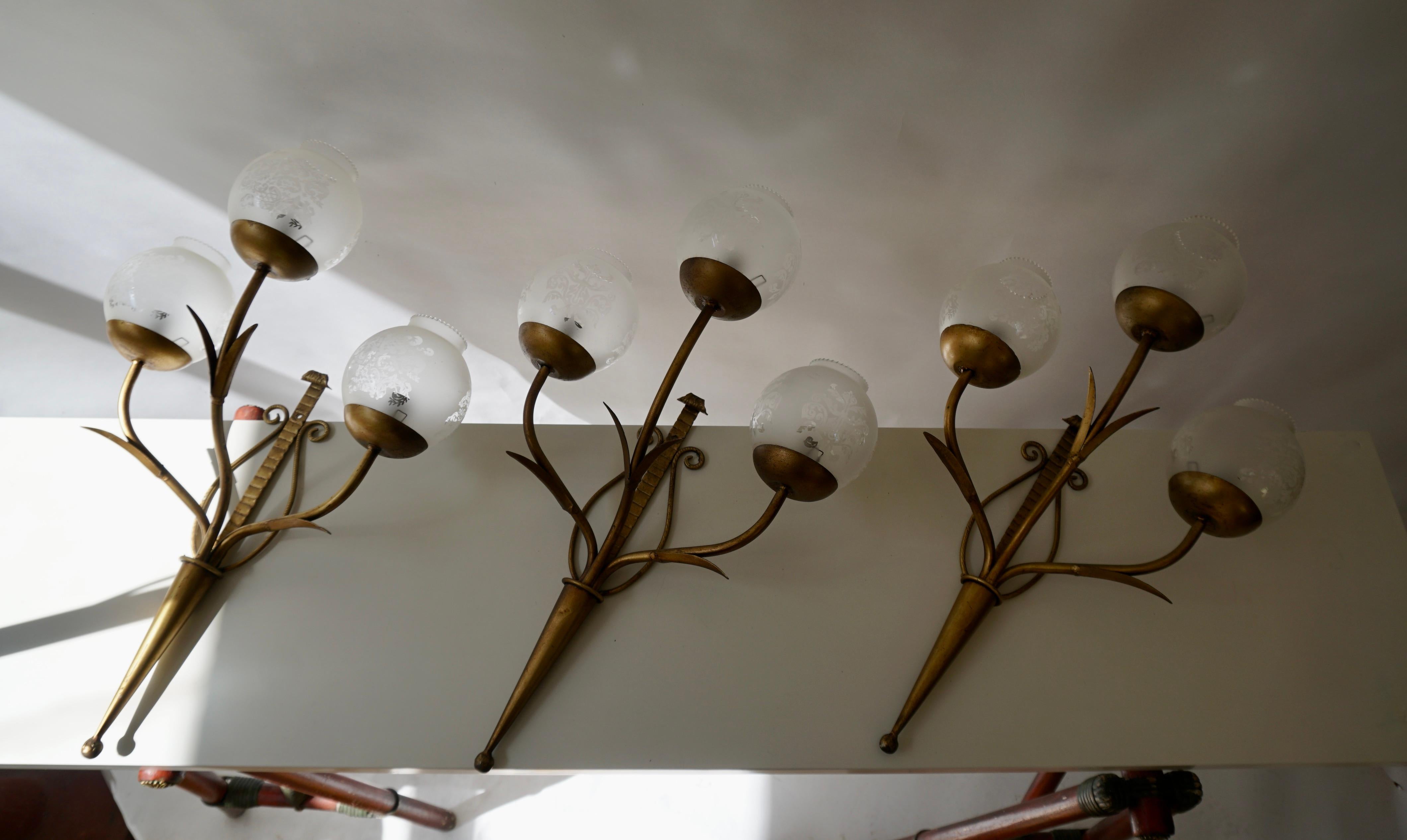 20th Century Three Metal Gilded Wall Lamps with Glass Shades For Sale