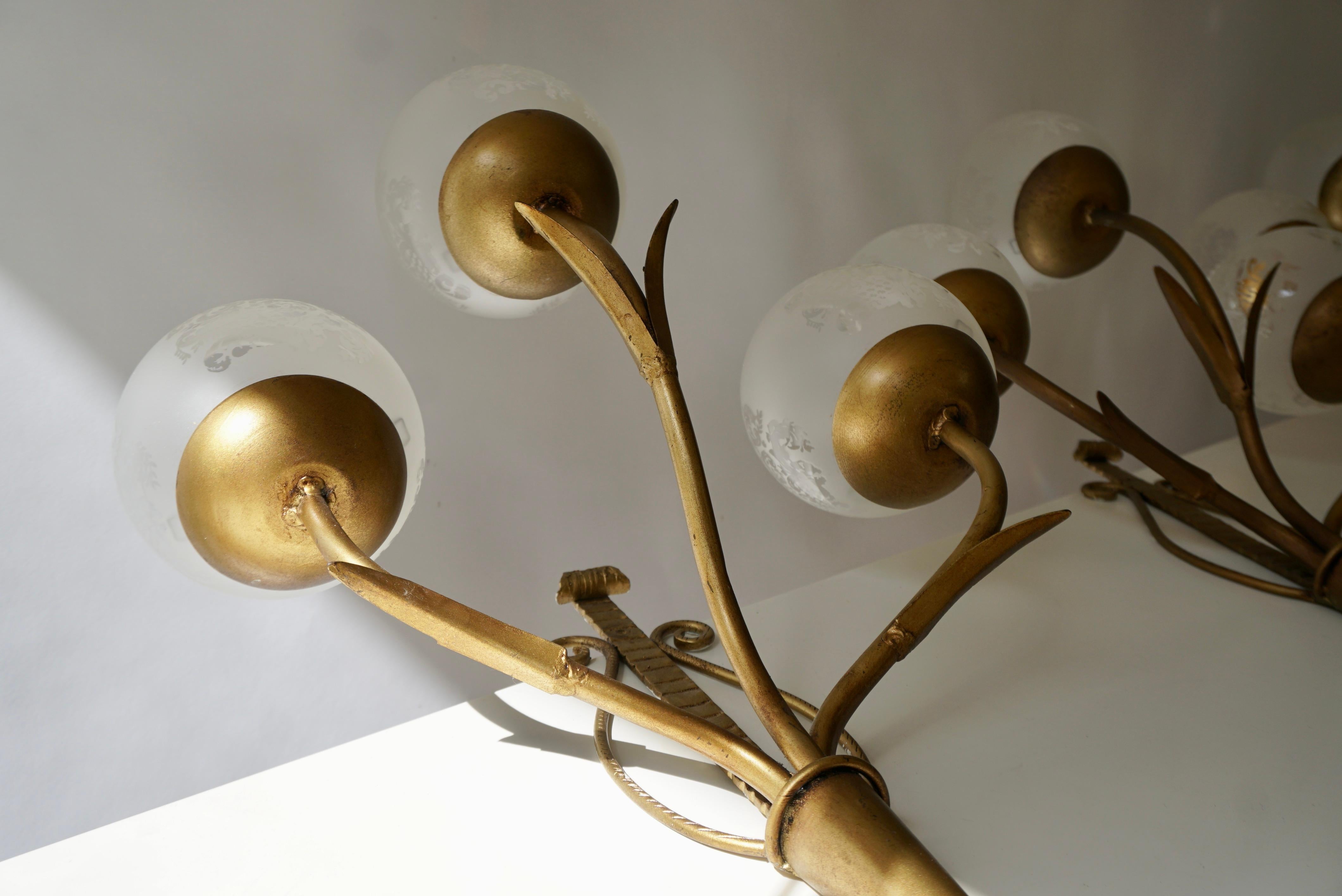 Three Metal Gilded Wall Lamps with Glass Shades For Sale 2