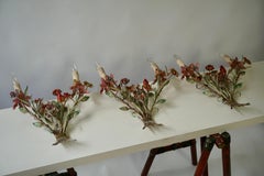 Three Metal Tole Colorful Painted Romantic Roses Flowers Bouquet Wall Lamp Italy