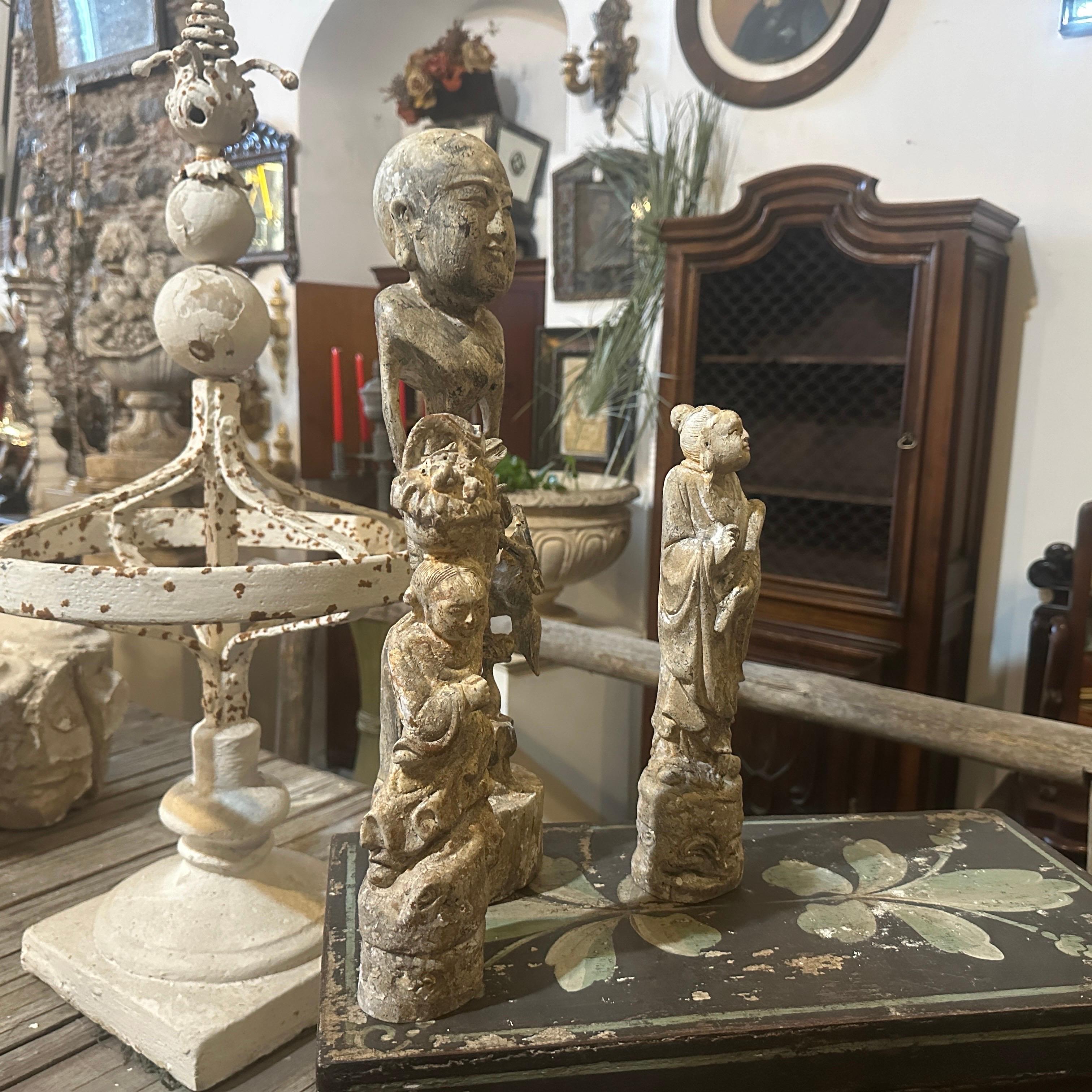 Three Mid-20th Century Stone's Patinated Wood Statues of Chinese Figures For Sale 8