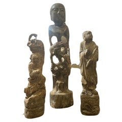 Three Mid-20th Century Stone's Patinated Wood Statues of Chinese Figures