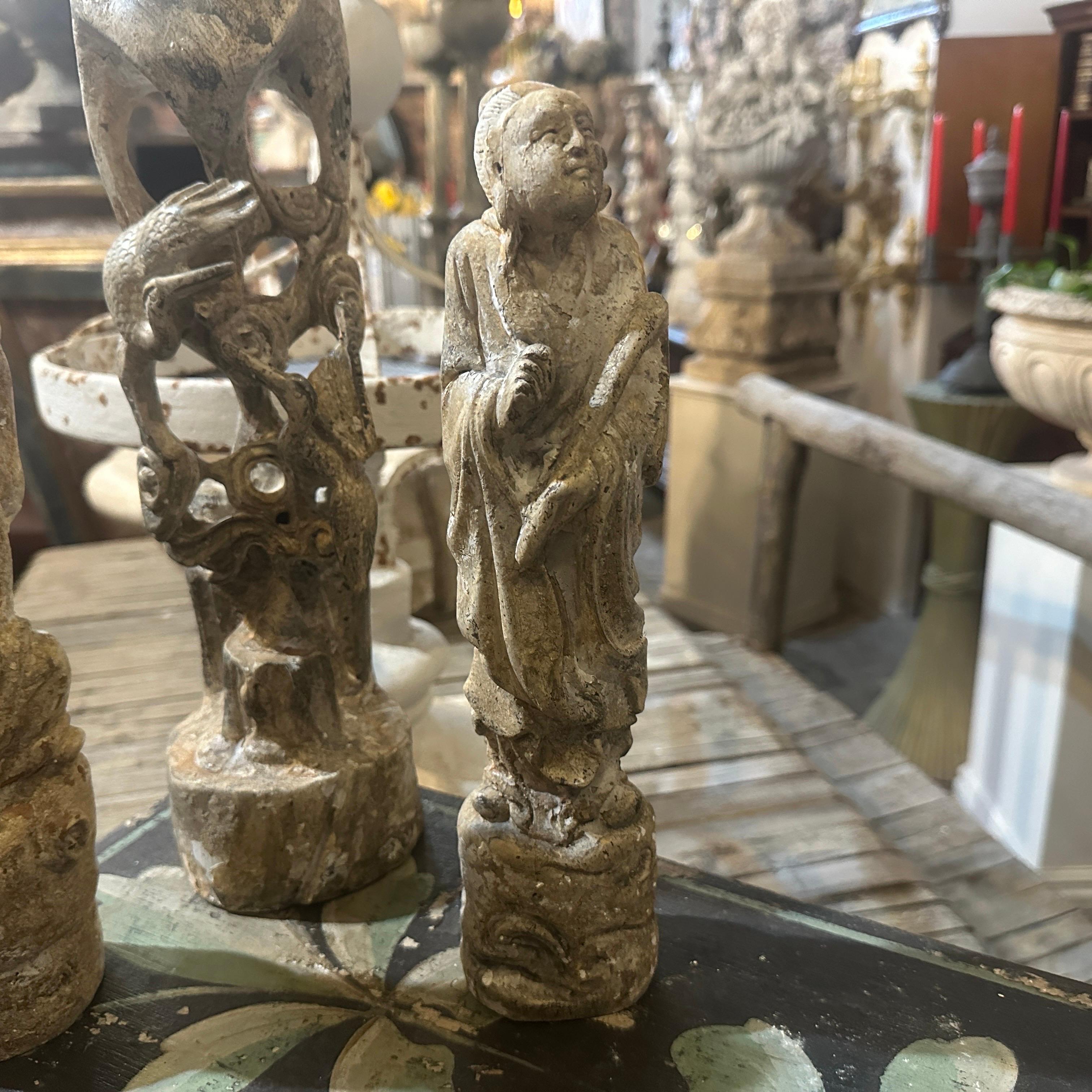 Chinese Export Three Mid-20th Century Stone's Patinated Wood Statues of Chinese Figures For Sale