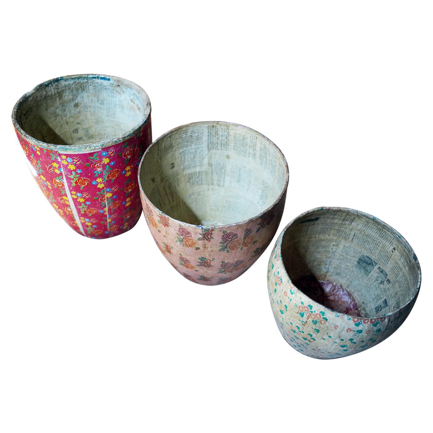 Three Mid-20thC Chinese Papier-Mâché Storage Buckets