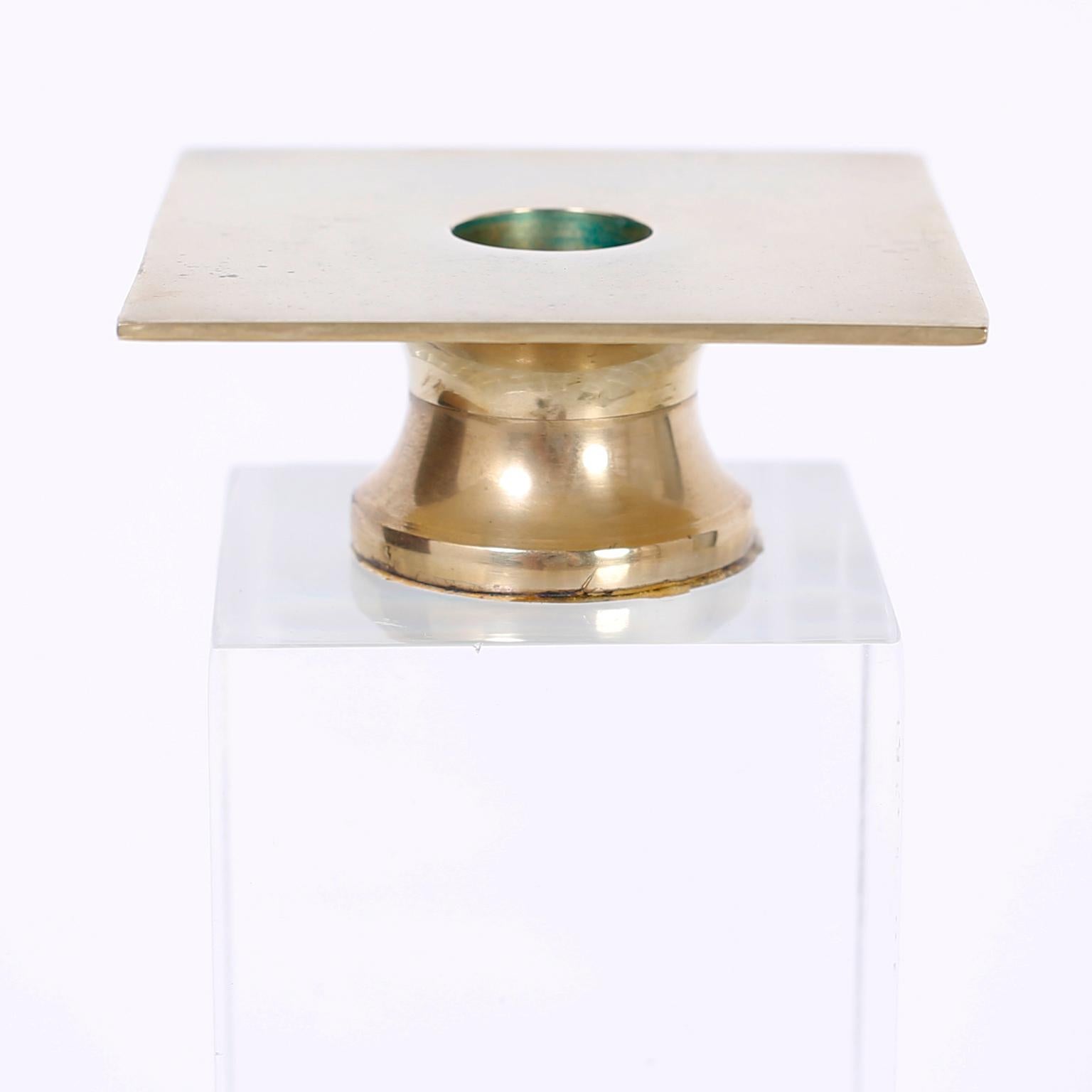 Three Midcentury Lucite and Brass Candlesticks In Good Condition For Sale In Palm Beach, FL