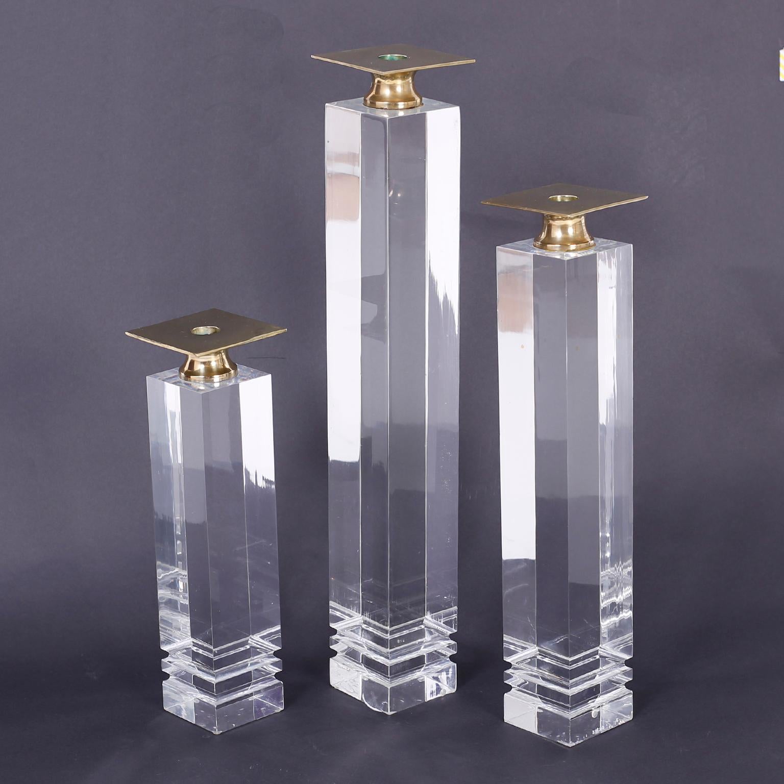 Three Midcentury Lucite and Brass Candlesticks For Sale 1