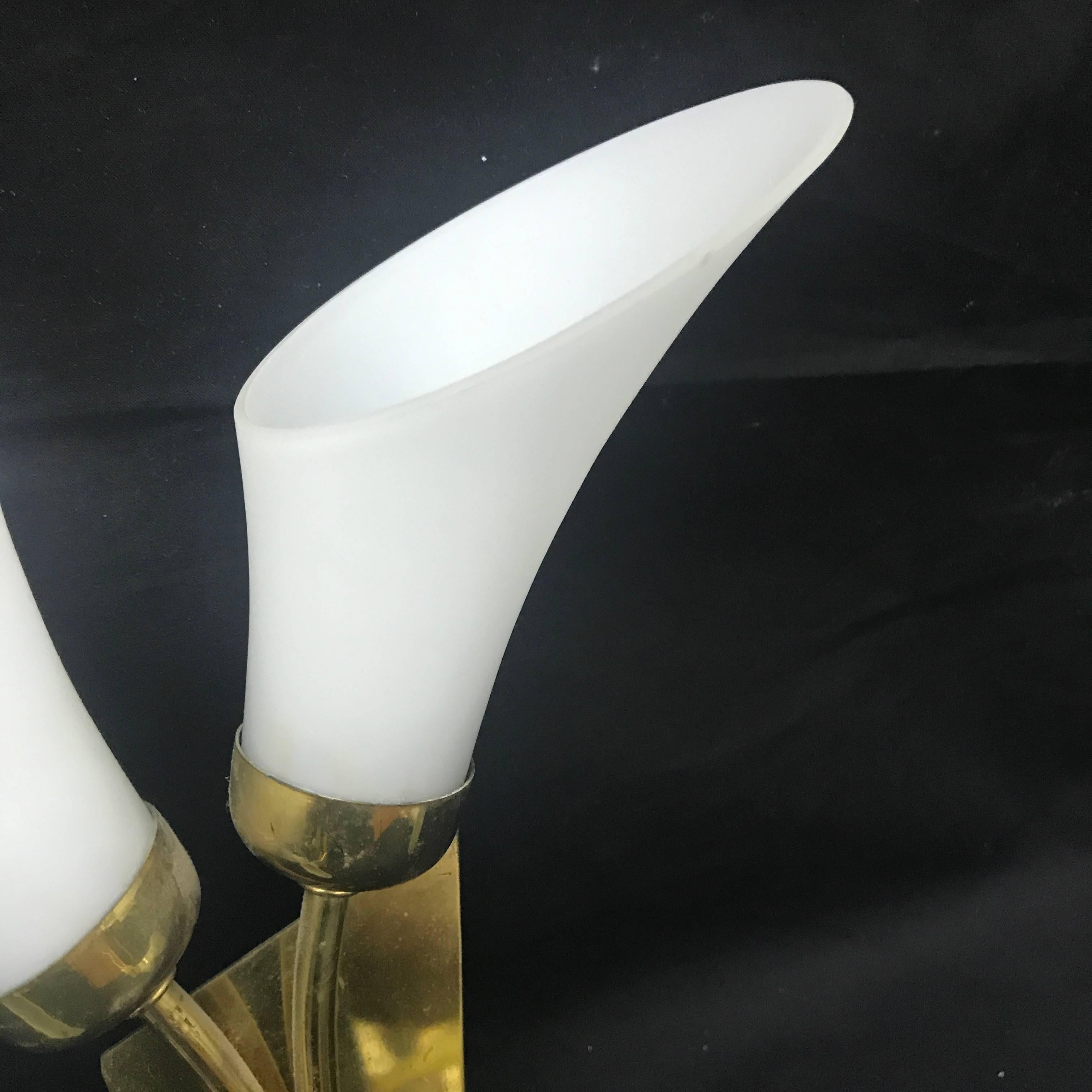 Three Mid-Century Modern Brass and White Glass Wall Sconces, Italy, 1950 5
