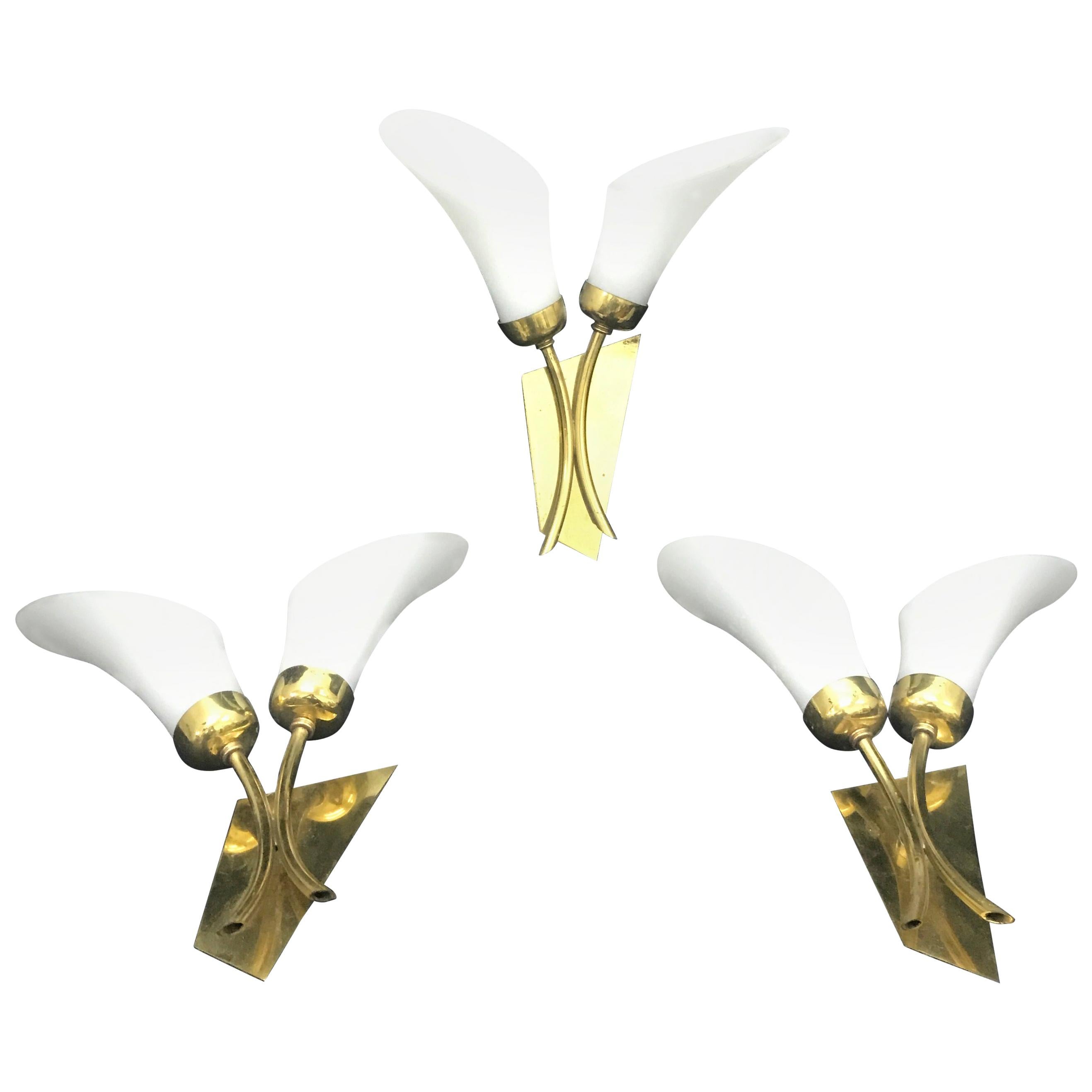 Three Mid-Century Modern Brass and White Glass Wall Sconces, Italy, 1950
