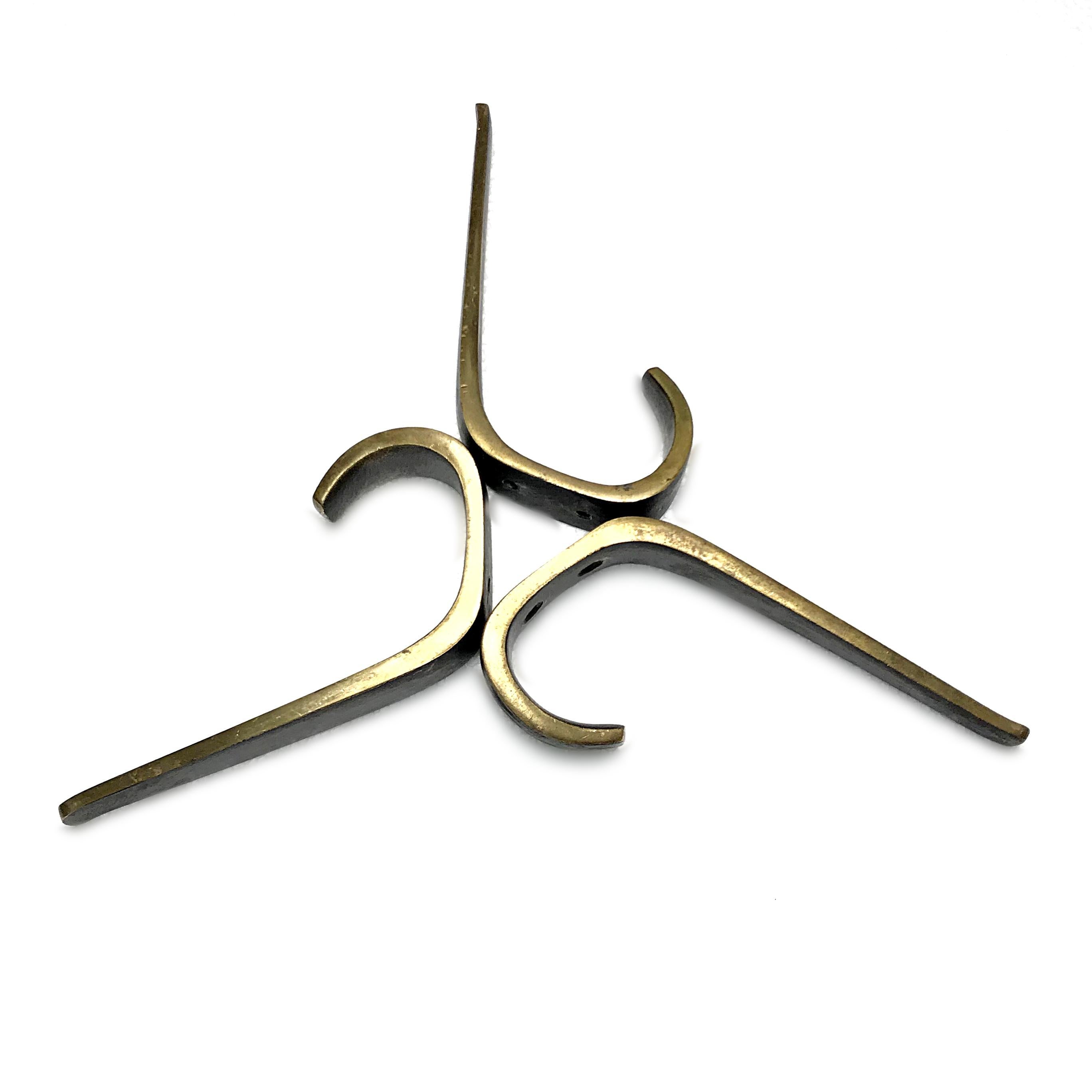 20th Century Three Mid-Century Modern Baller & Bosse Brass Wall Coat Hooks, 1950s, Austria