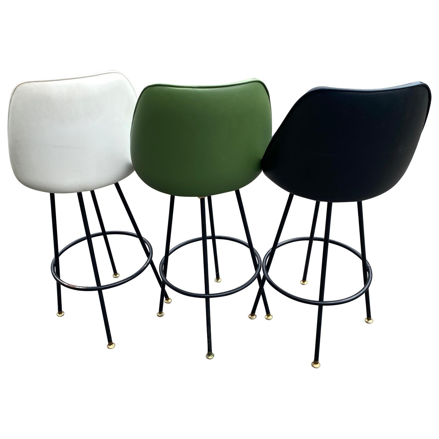 Hand-Crafted Three Mid-Century Modern High-Back Swivel Black, White And Green Barstools