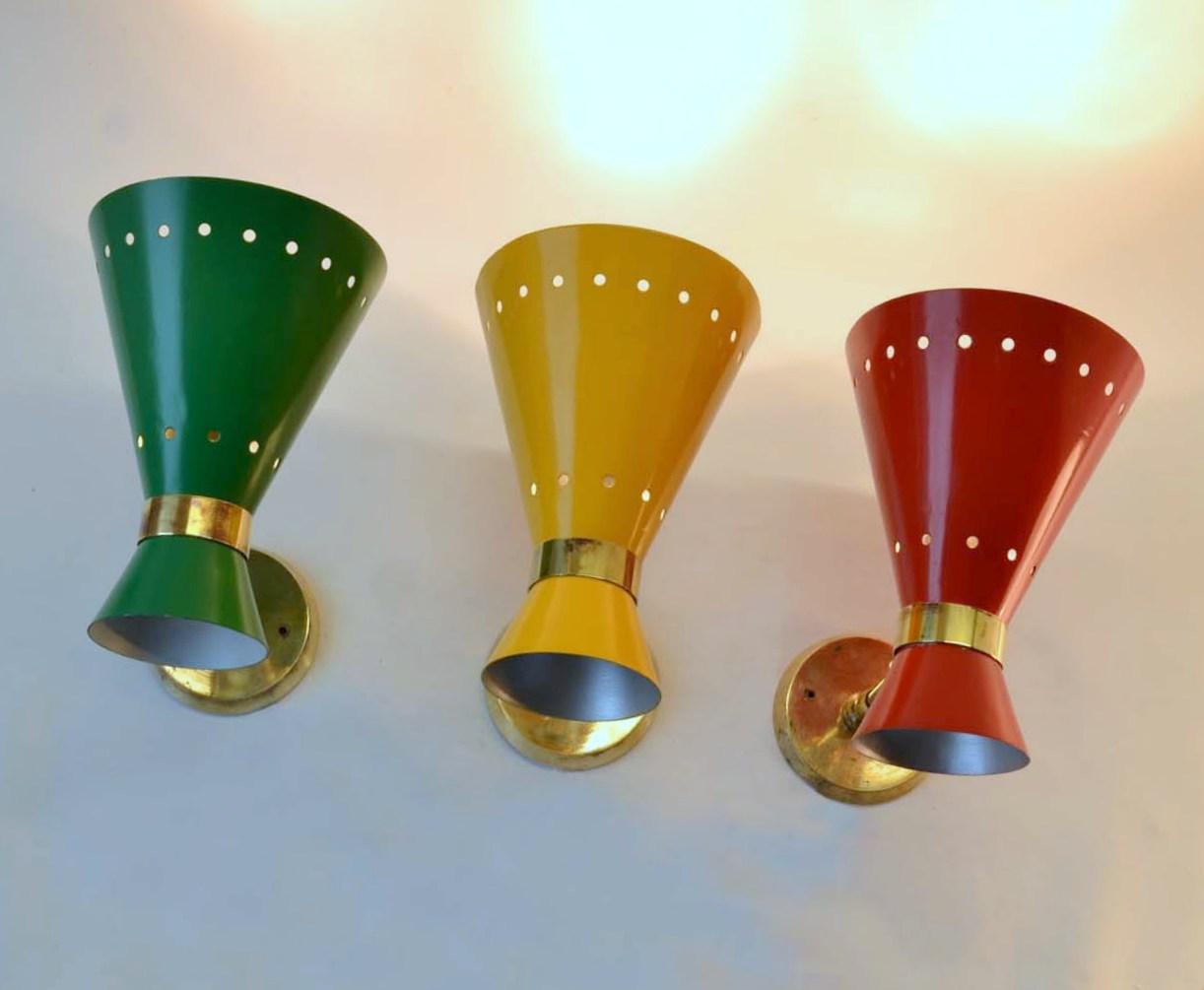 Mid-Century Modern Italian Red, Yellow, Green & Brass Sconces 5