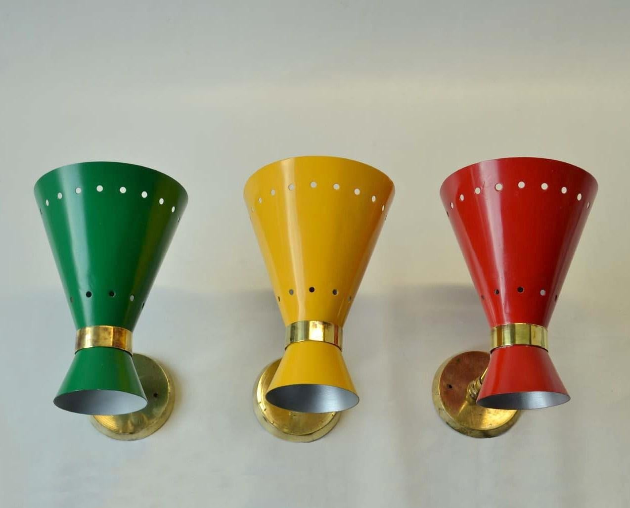 Mid-Century Modern Italian Red, Yellow, Green & Brass Sconces In Good Condition In London, GB