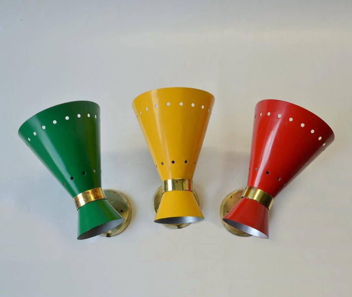 Mid-20th Century Mid-Century Modern Italian Red, Yellow, Green & Brass Sconces