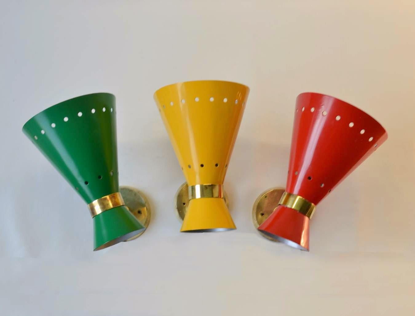 Aluminum Mid-Century Modern Italian Red, Yellow, Green & Brass Sconces