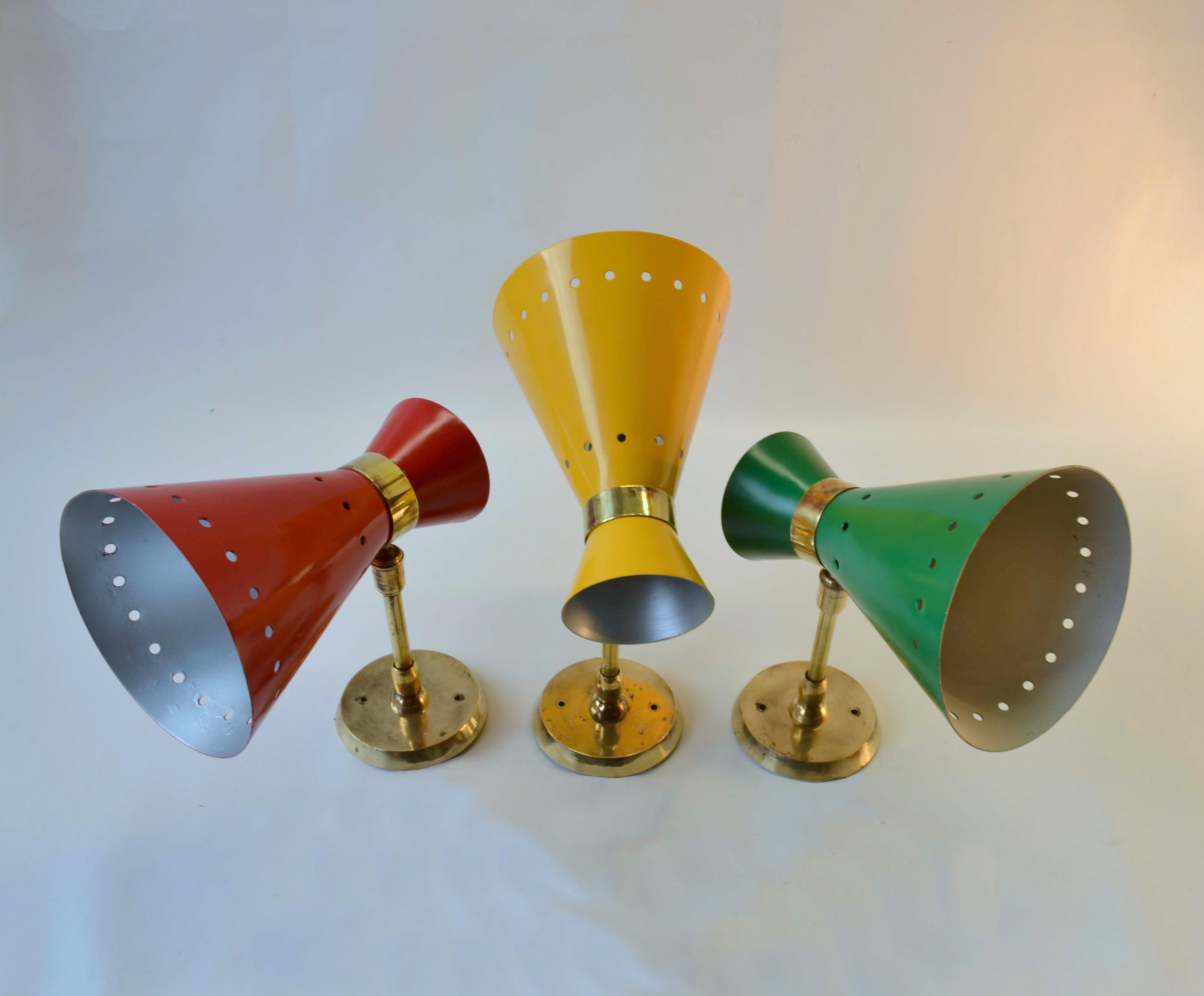 Mid-Century Modern Italian Red, Yellow, Green & Brass Sconces 1