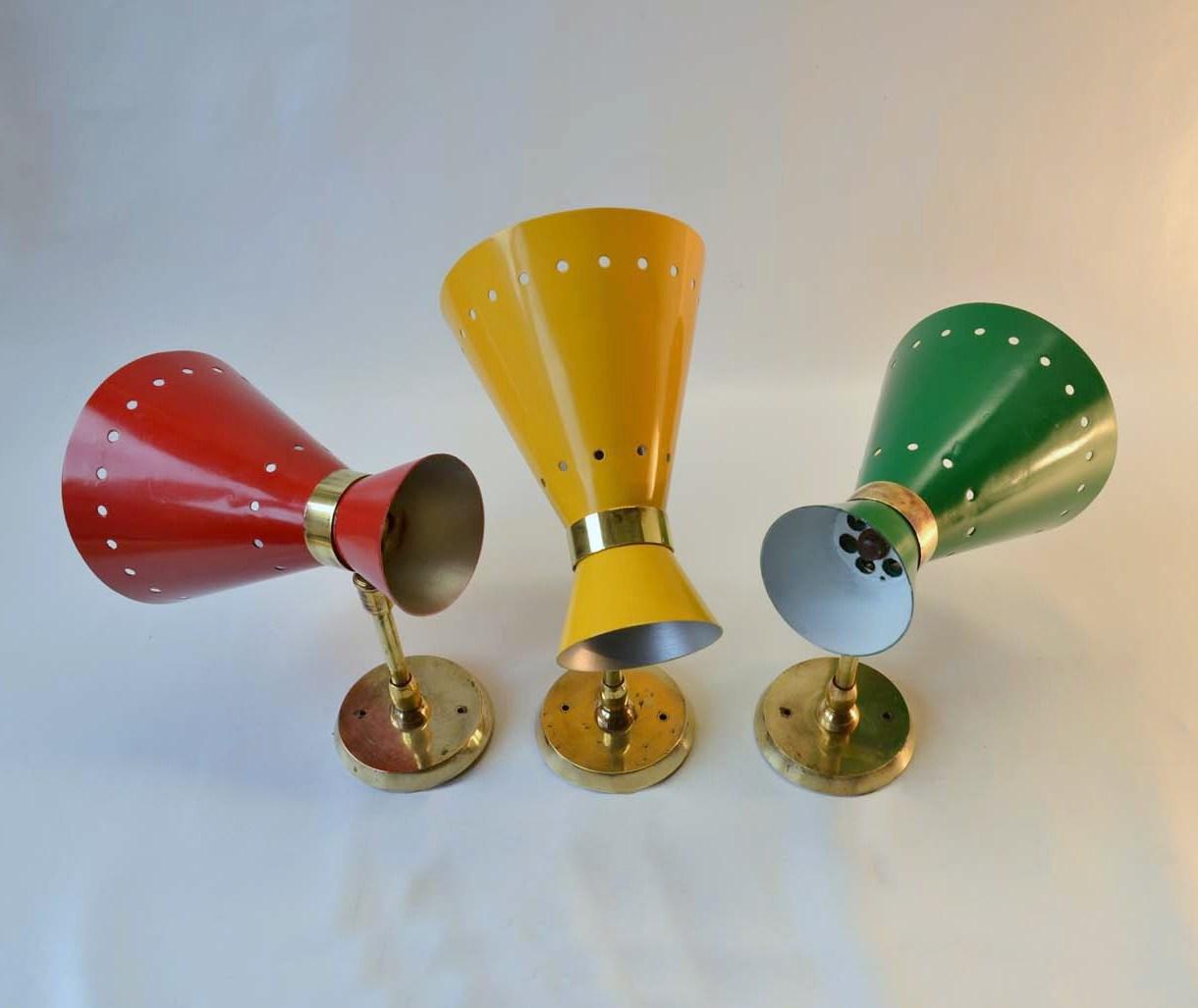 Mid-Century Modern Italian Red, Yellow, Green & Brass Sconces 2