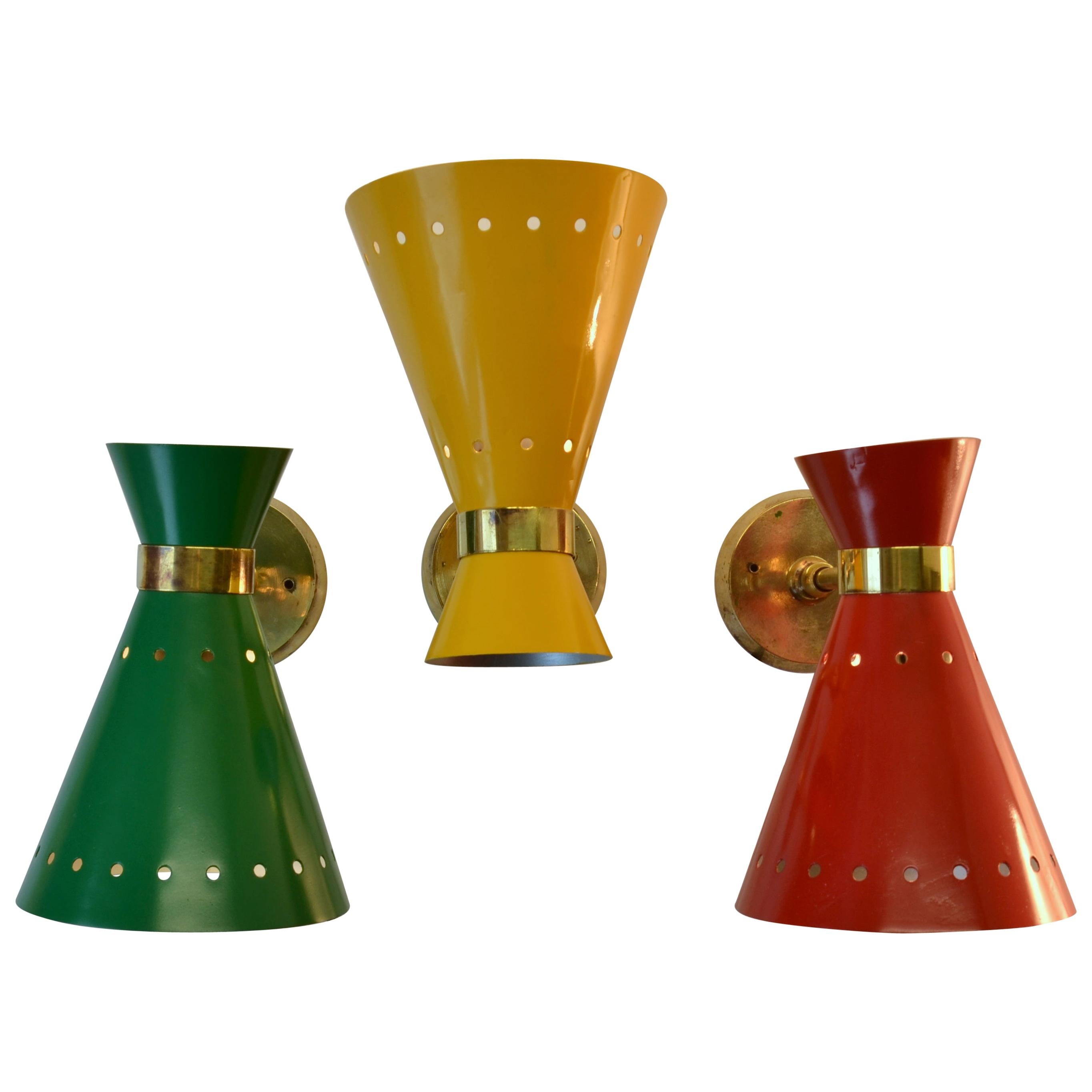 Mid-Century Modern Italian Red, Yellow, Green & Brass Sconces