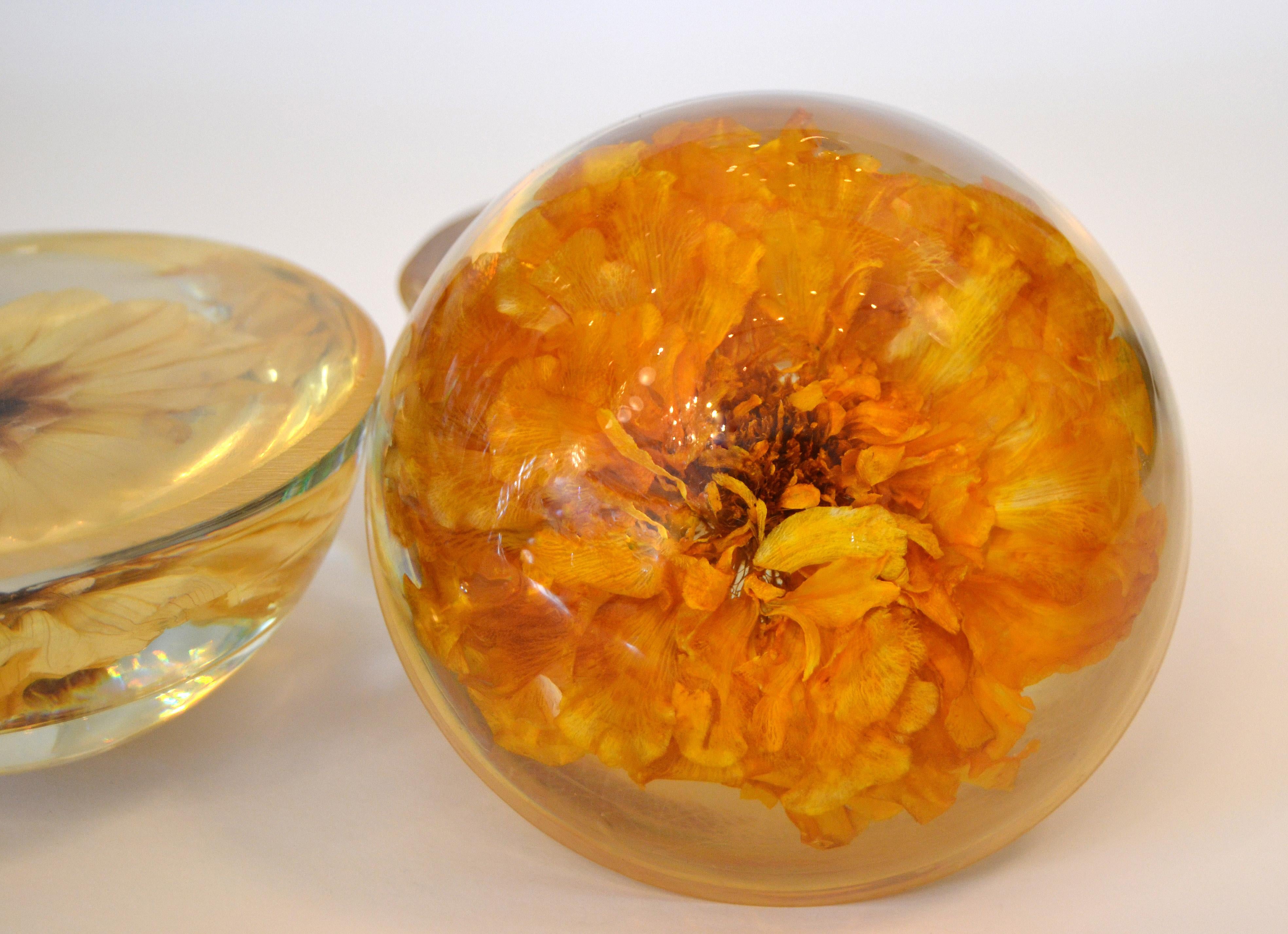 Three Mid-Century Modern Resin Pressed Yellow & Orange Dried Blooms Paperweights For Sale 1