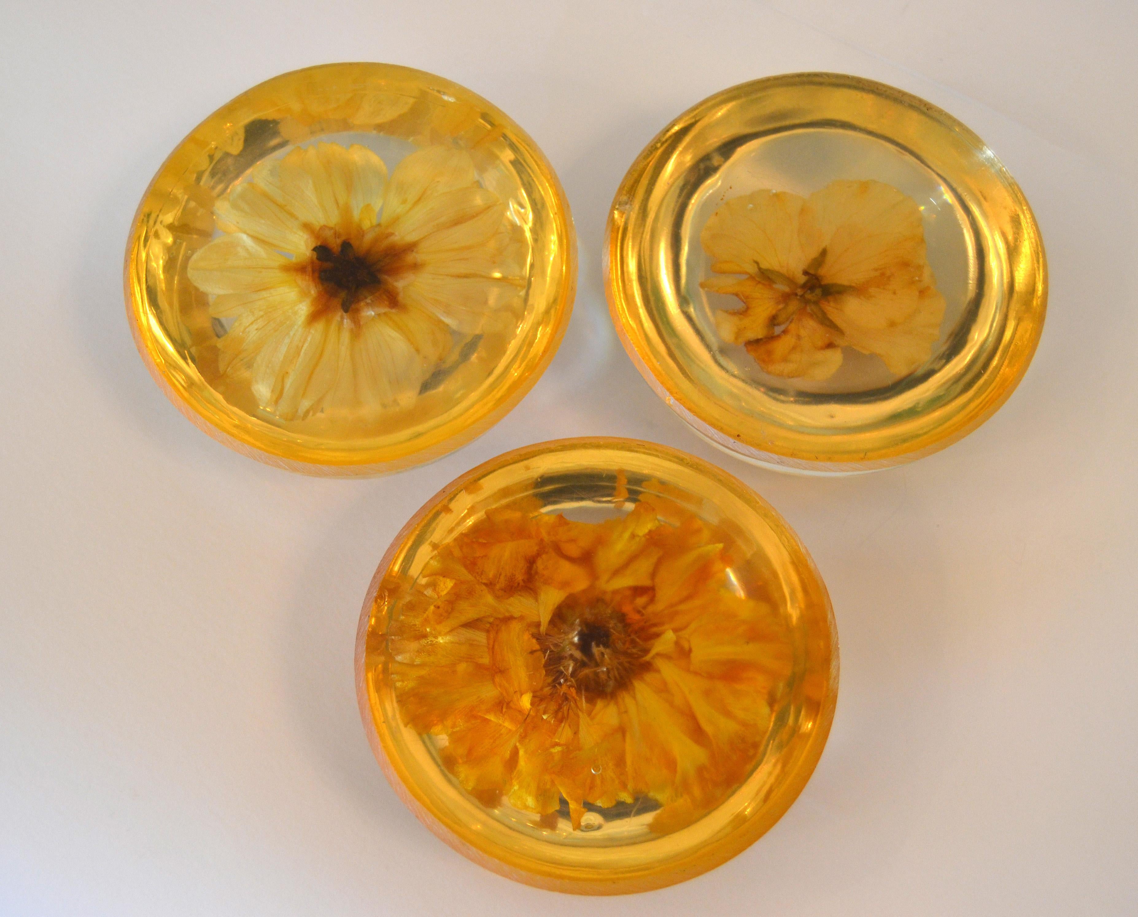 Three Mid-Century Modern Resin Pressed Yellow & Orange Dried Blooms Paperweights For Sale 2