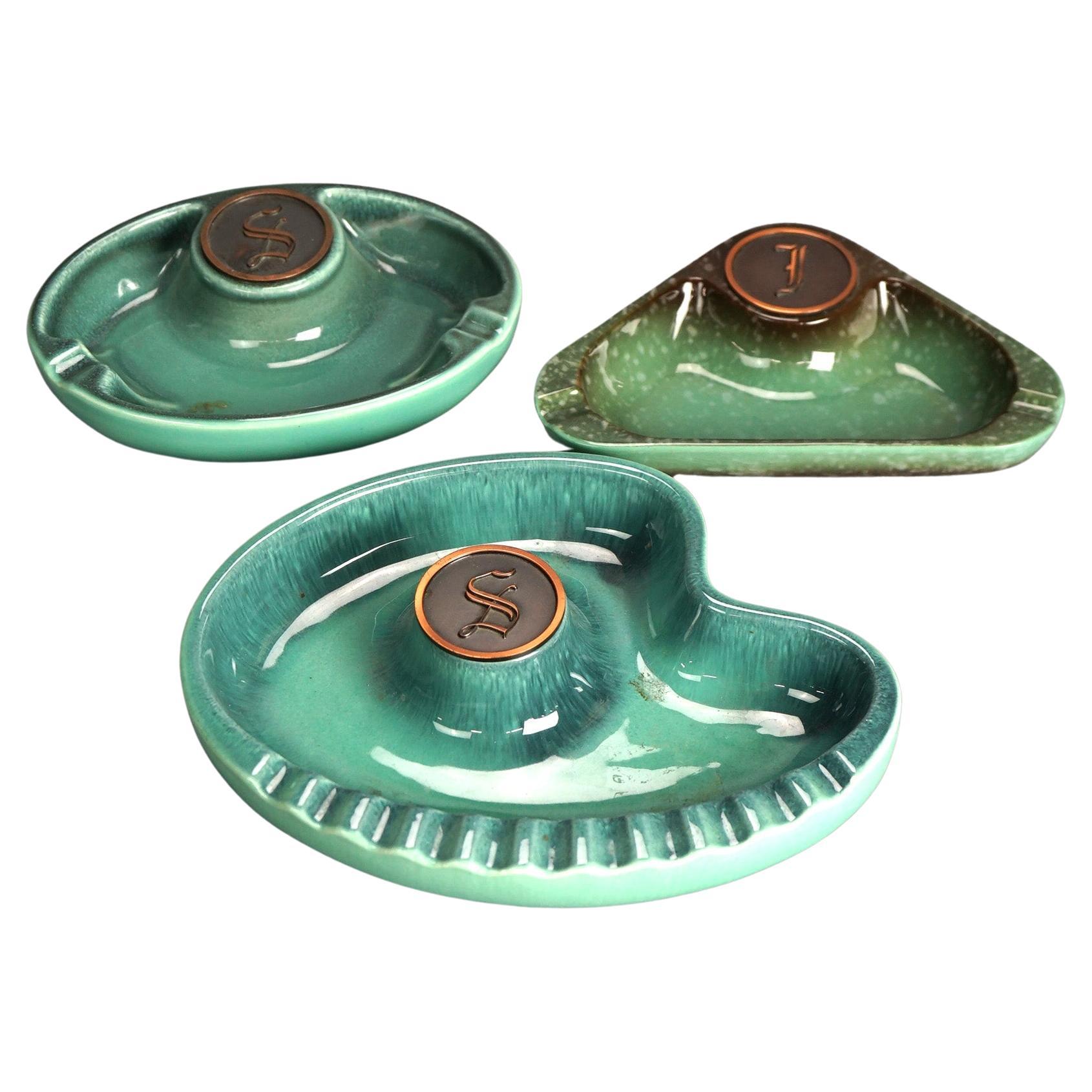 Three Mid Century Modern Roseville Hyde Park Art Pottery Ashtrays Mid 20thC For Sale