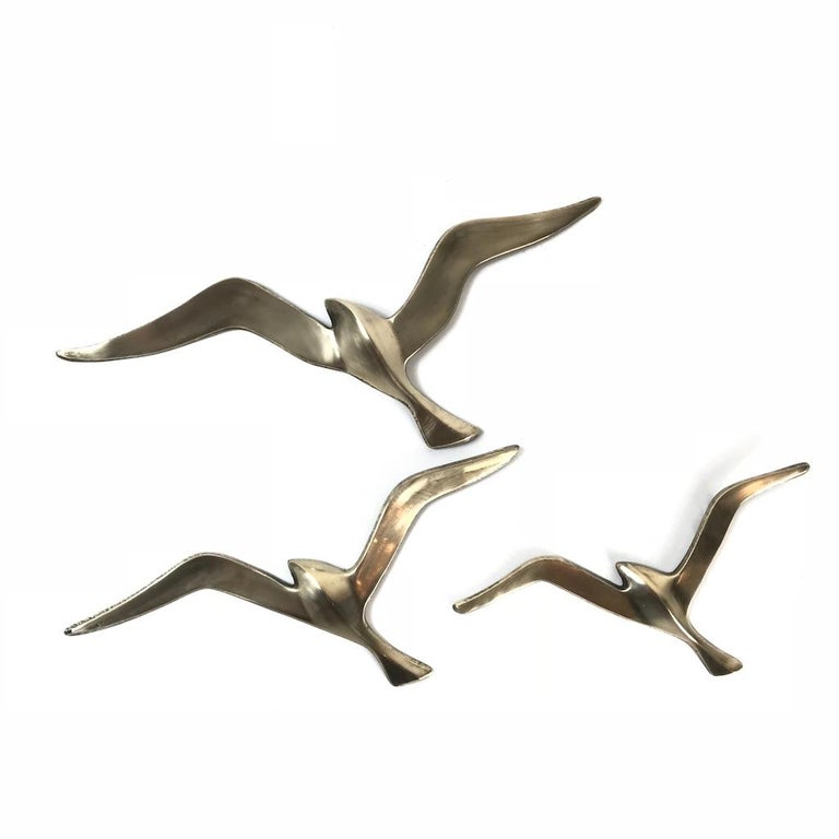 Three Midcentury Brass Bird Wall Decor Sculptures, Seagull, 1950s