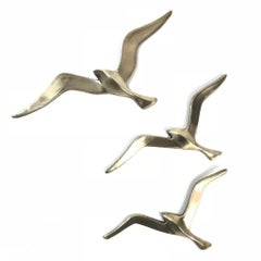 Vintage Three Midcentury Brass Bird Wall Decor Sculptures, Seagull, 1950s, Austria